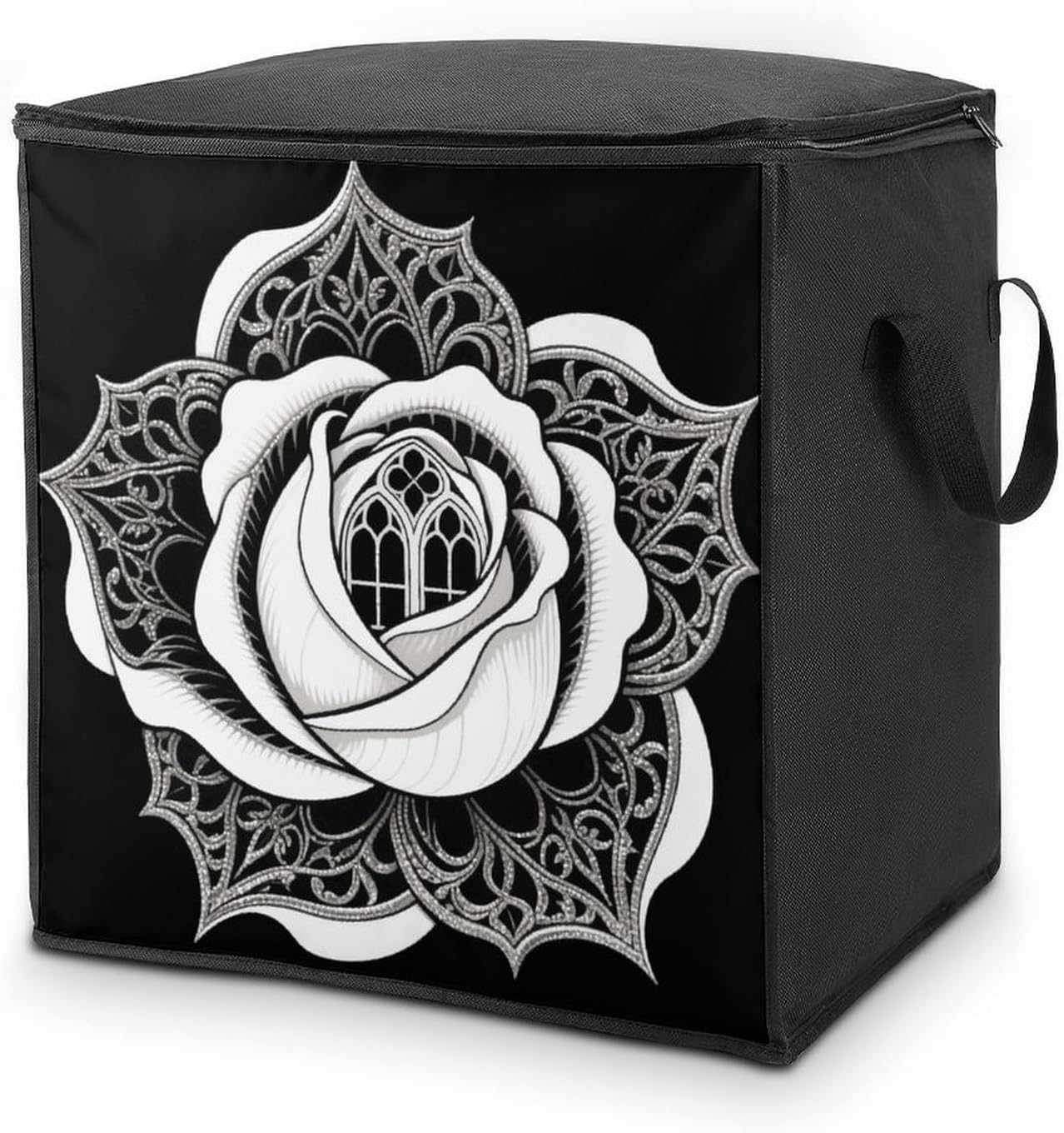 Black White Rose Floral Storage Bag with Zippers And Handle Extra Large Bedding Comforter Storage Bag Foldable Blanket Storage Bags Fabric Moving Bags for Closet Organizer (70L)