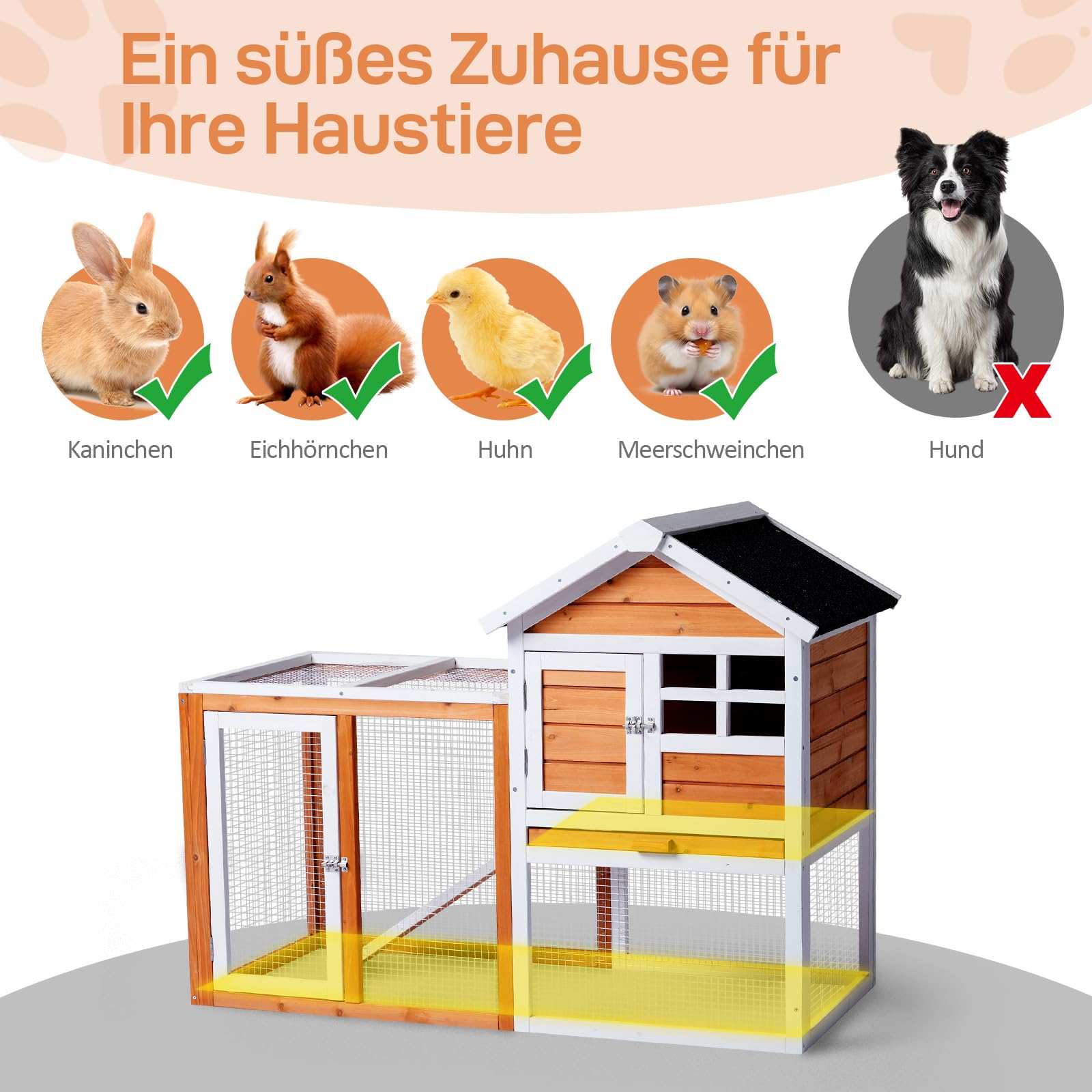 LEADZM Kaninchenstall，hasenstall draußen Winterfest，Hühnerstall aus Holz，Kleintiergehege & Käfige für draußen，Orange (123 x 63 x 90 cm)