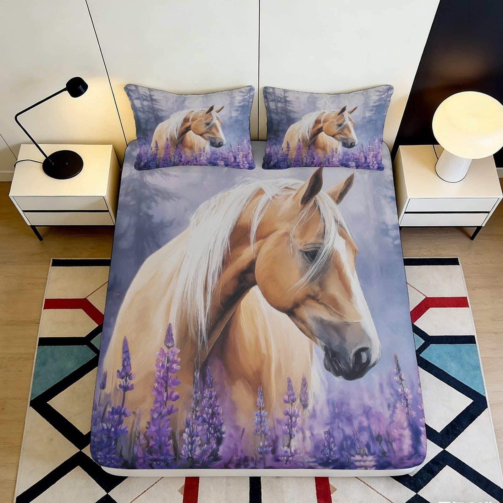 3D Printed Horse Lavender Fitted Sheet Microfiber Soft Anti-Slip Bed Cover for Bedroom Guestroom Dorm Decor 120x200cm 160x200x25cm