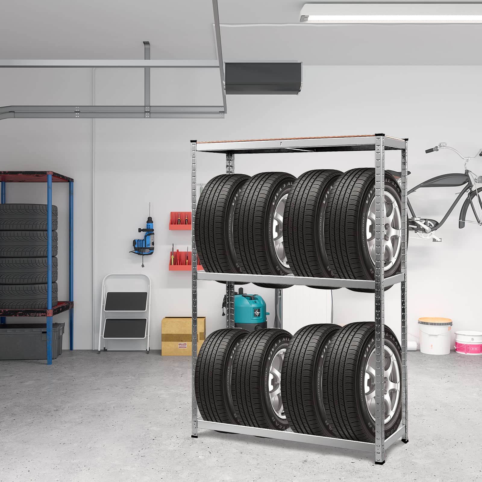 GYMAX Scaffale Porta Gomme Auto in Metallo, a 3 Ripiani, Portata di 265 kg/Strato, Supporto per 8 Pneumatici, Ideale per Officina, Garage, Magazzino, 180x40x120 cm