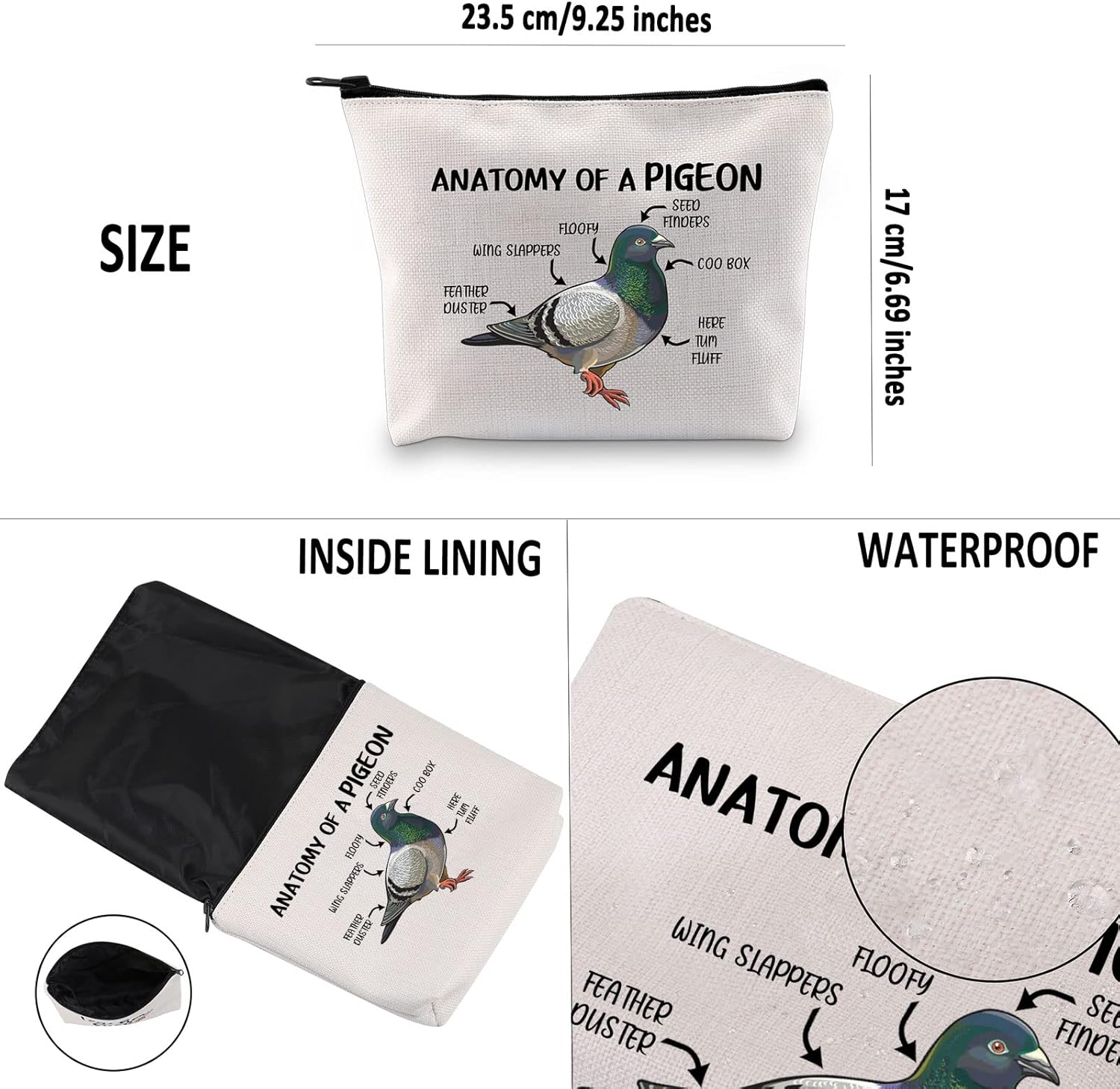 G2TUP Pigeon Lover Gift: Anatomy Of A Pigeon Makeup Bag - White, Zipper Travel Bag - Image 3