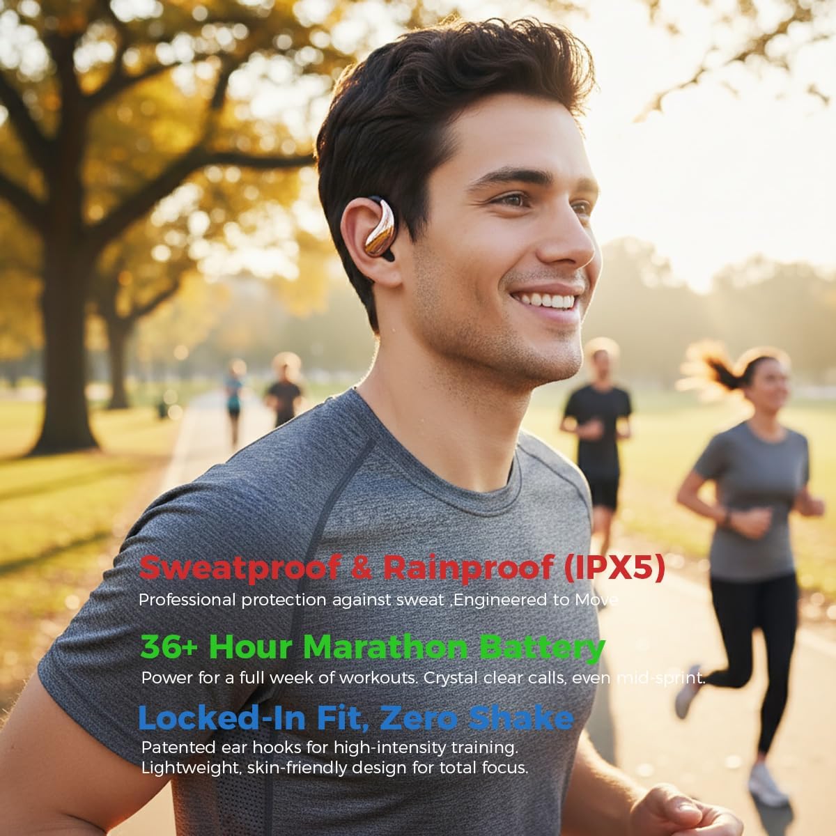 Open Ear Bluetooth Headphones 6.0, Wireless Earbuds with Ear Hooks, 36H Playtime, Sweatproof Comfort Fit for Sports Running Workouts, Touch Control – Lightweight Open Ear Design