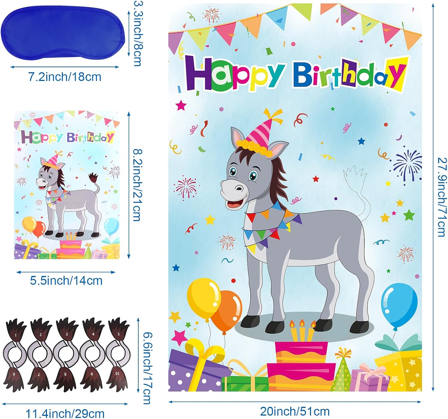 Pin The Tail On The Donkey Birthday Party Game with 50 Pcs Tails Large Donkey Games Poster for Kids Birthday Party Supplies
