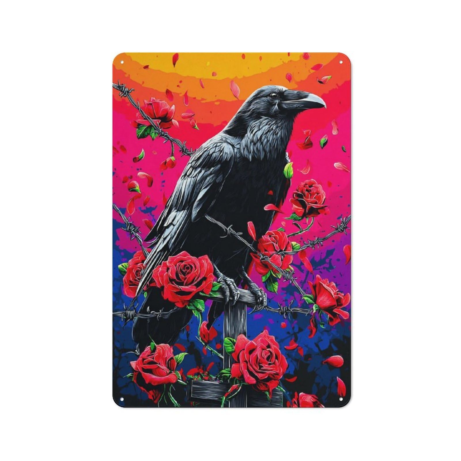 Junmoney Raven With Red Roses Tin Wall Plaque 30X20cm, Rustic Farmhouse Wall Decor For Dining Room, Cafe, Entryway Or Family Room