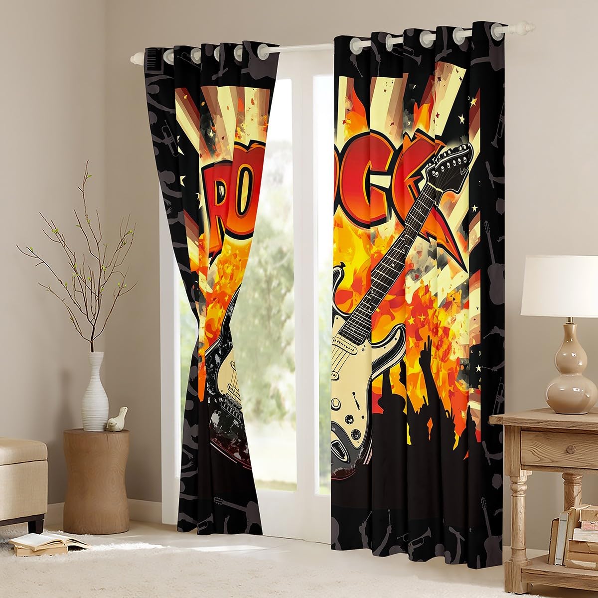 Tende per finestre con chitarra elettrica, stile hippie, per ragazzi e ragazze, con musica rock, decorazione per la casa, tende per finestre a fiamma, per soggiorno e camera da letto, 167 x 228 cm