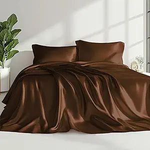 Love's cabin Satin King Sheet Sets - 4 Piece Brown Silky Sheets King Size Bed with Deep Pocket, Luxury Silk Feel King Size Satin Sheet Set (1 Flat Sheet,1 Fitted Sheet,2 Pillow Cases)