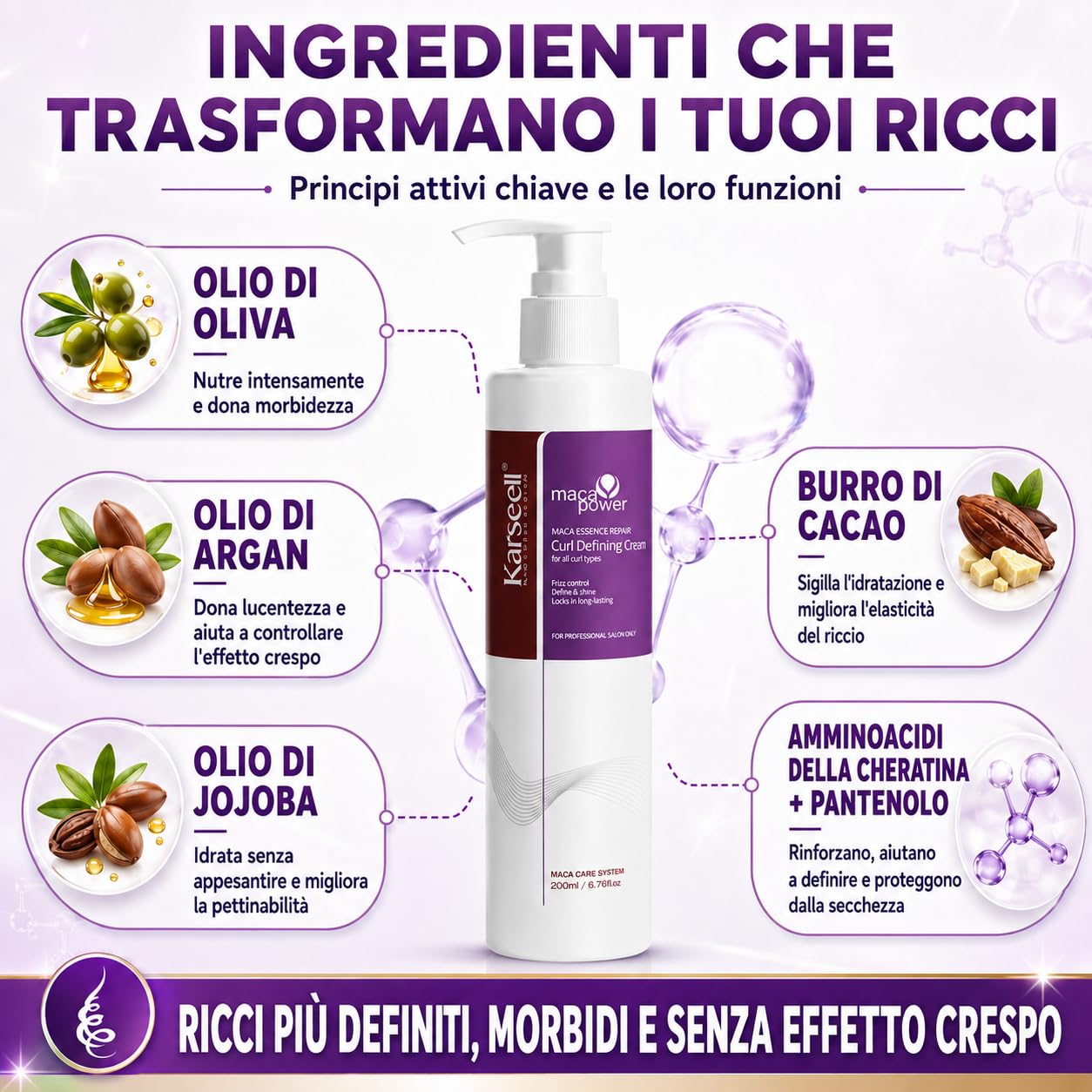Karseell MACA CARE SYSTEM Crema Definizione Ricci Ravviva Boccoli Trattamento Idratante Riparatore Capelli Mossi Anticrespo Nutrizione Profonda Cheratina Olio Argan Oliva Mandorle Professionale 200ml
