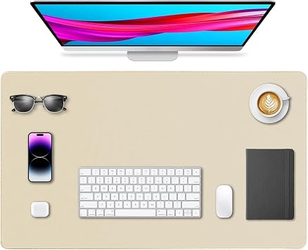 Leather Desk Pad Protector, Office Desk Mat, Large Mouse Pad, Non-Slip PU Leather Desk Blotter, Waterproof Computer Desk Writing Pad for Office and Home Beige, 23.6" x 13.7"