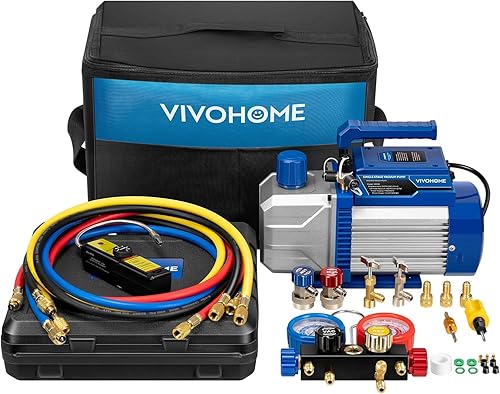 Miniatura 2 de VIVOHOME 110V 12 HP 5CFM Bomba de vacío HVAC de 2 etapas y 4 vías AC Manifold Gauge Set Kit 110-120V AC 60Hz 34HP Máquina portátil de recuperación