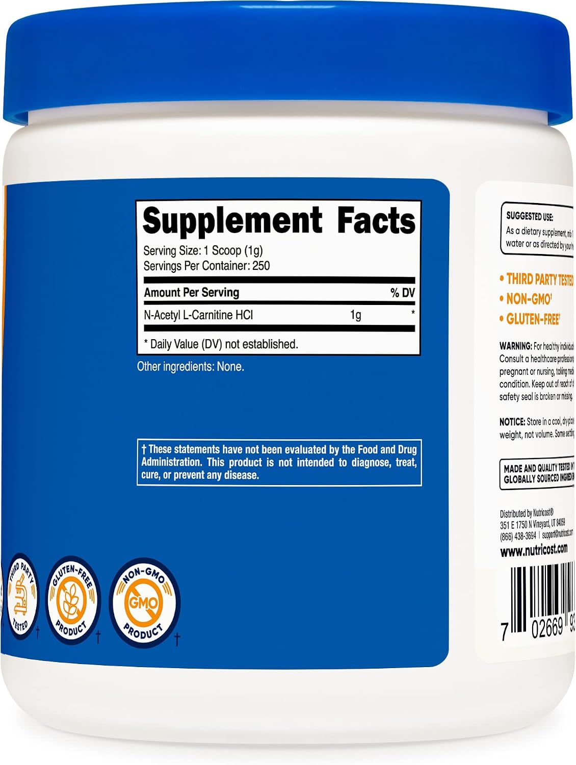 Nutricost Acetyl L-Carnitine (ALCAR) 250 Grams Powder - 1G Per Serving - 250 Servings