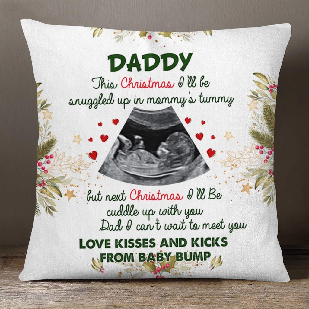 Personalized Square Pillow for Dad to Be New Dad from Baby Bump New Mom New Dad Gifts Ultrasound I Can't Wait to Meet You Cute Custom Name Photo Double Sided Couch Cushion On Christmas