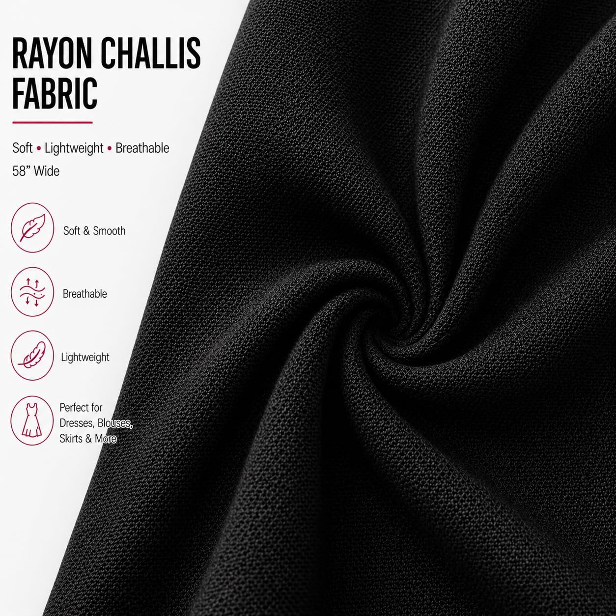 FabricLA 100% Rayon Challis Fabric by The Yard – 55-60” Wide Soft Lightweight Breathable Draping Fabric for Dresses, Blouses, Skirts, Pajamas & Summer Clothing – Black 2 Yard