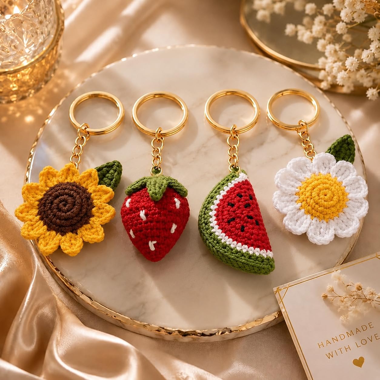 Handmade Crochet Keychain Combo for Girls Women Cute Aesthetic Sunflower Strawberry Watermelon Daisy Knitted Keychain Bag Charm Purse Charm Car Key Ring Backpack Accessories Gift-image-9
