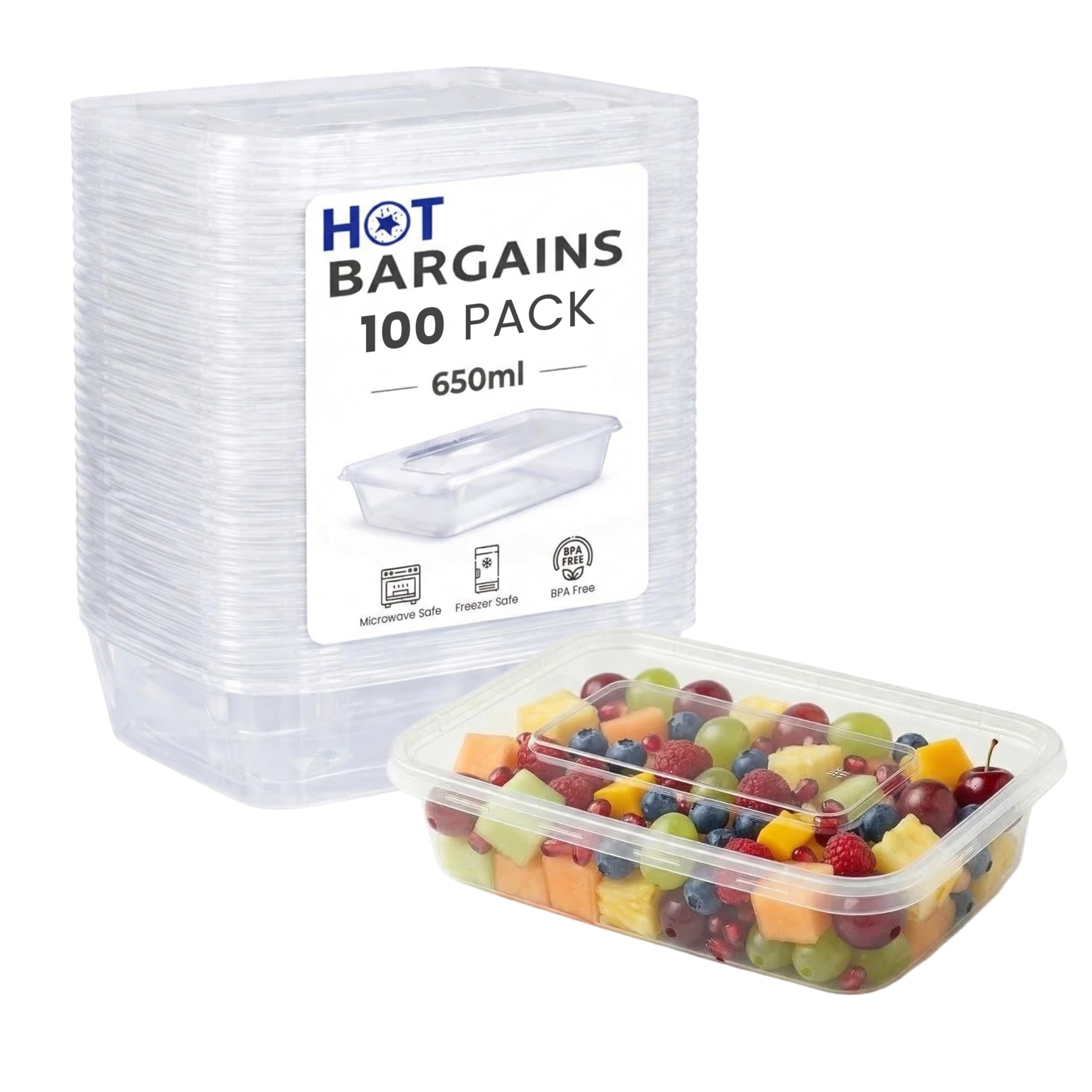 Hot Bargains Clear 650Ml Rectangular Food Storage Containers With Lids, Pack Of 100, Bpa-Free Plastic, Microwave And Freezer Safe (100, Pls01, Rectangular, 650, Millilitres)