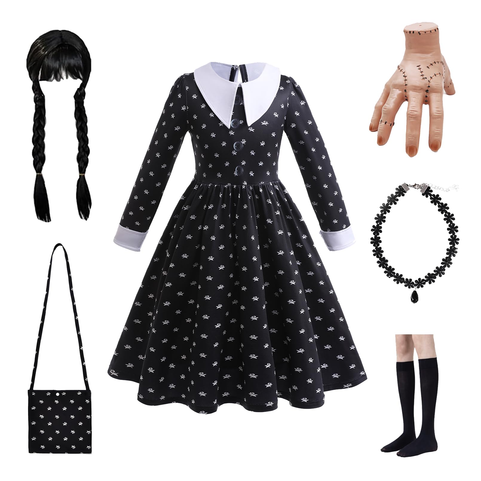Halloween Cosplay Costume Girls Dress Kid Teen Black Outfit With Wig Bag Earrings Socks