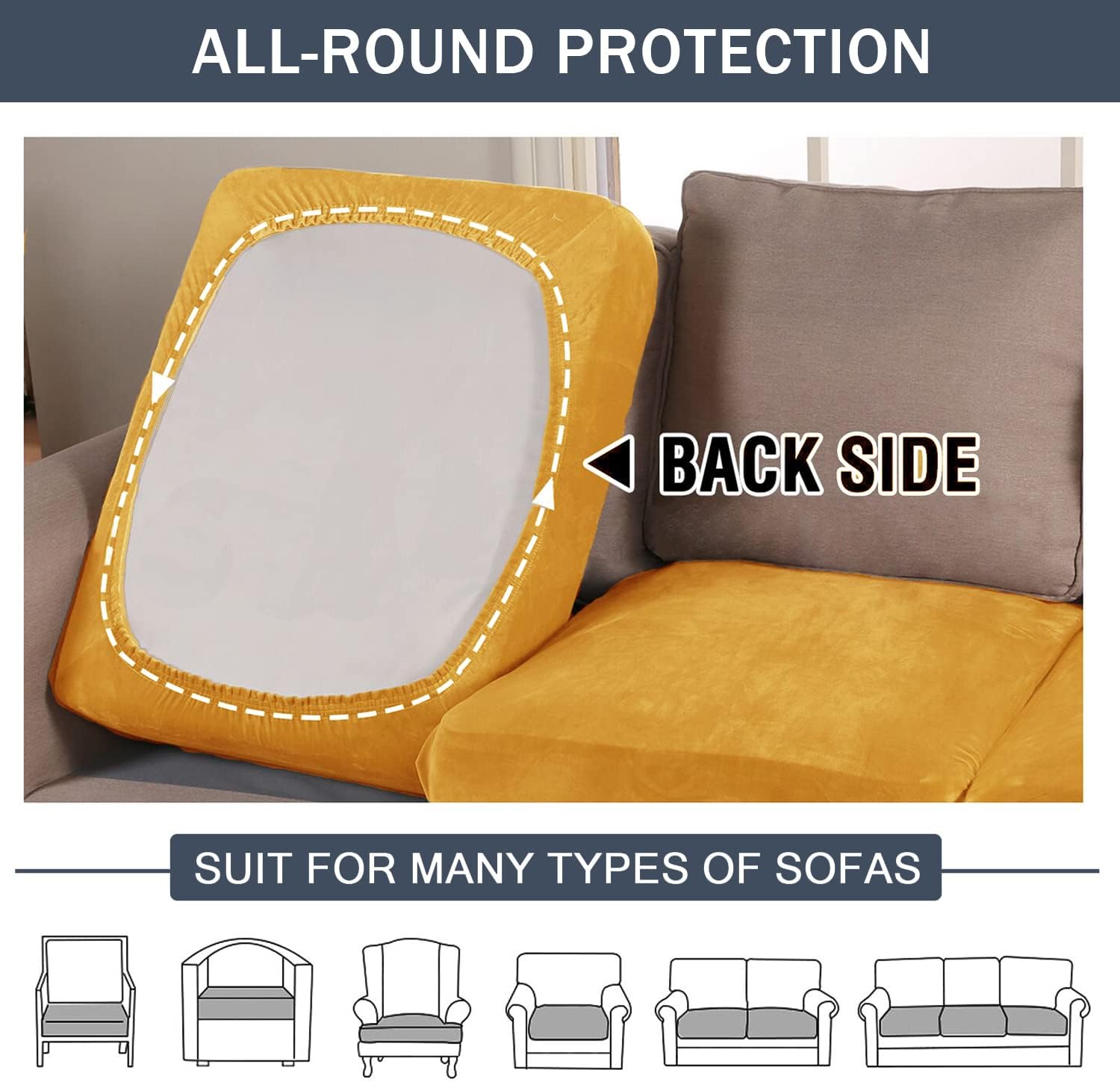 CONRUSER Stretch Couch Cushion Cover, Soft Velvet Cushion Slipcover for Extra Large Sofa Individual Seat Cushion Covers Furniture Protector with Elastic Bottom (2, Gold)