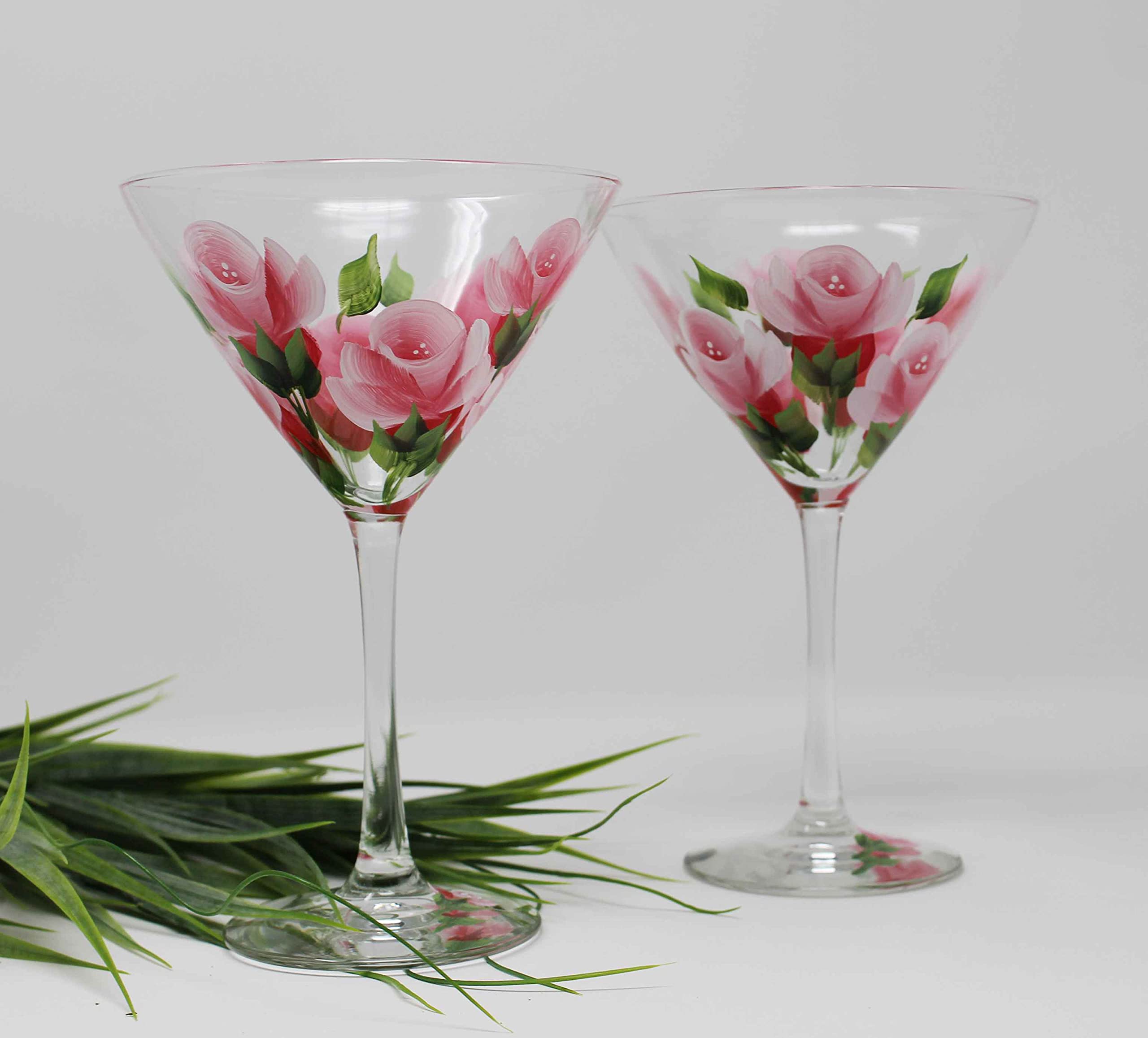 Hand Painted Martini Glasses - Roses Pink-Red (Set of 2)