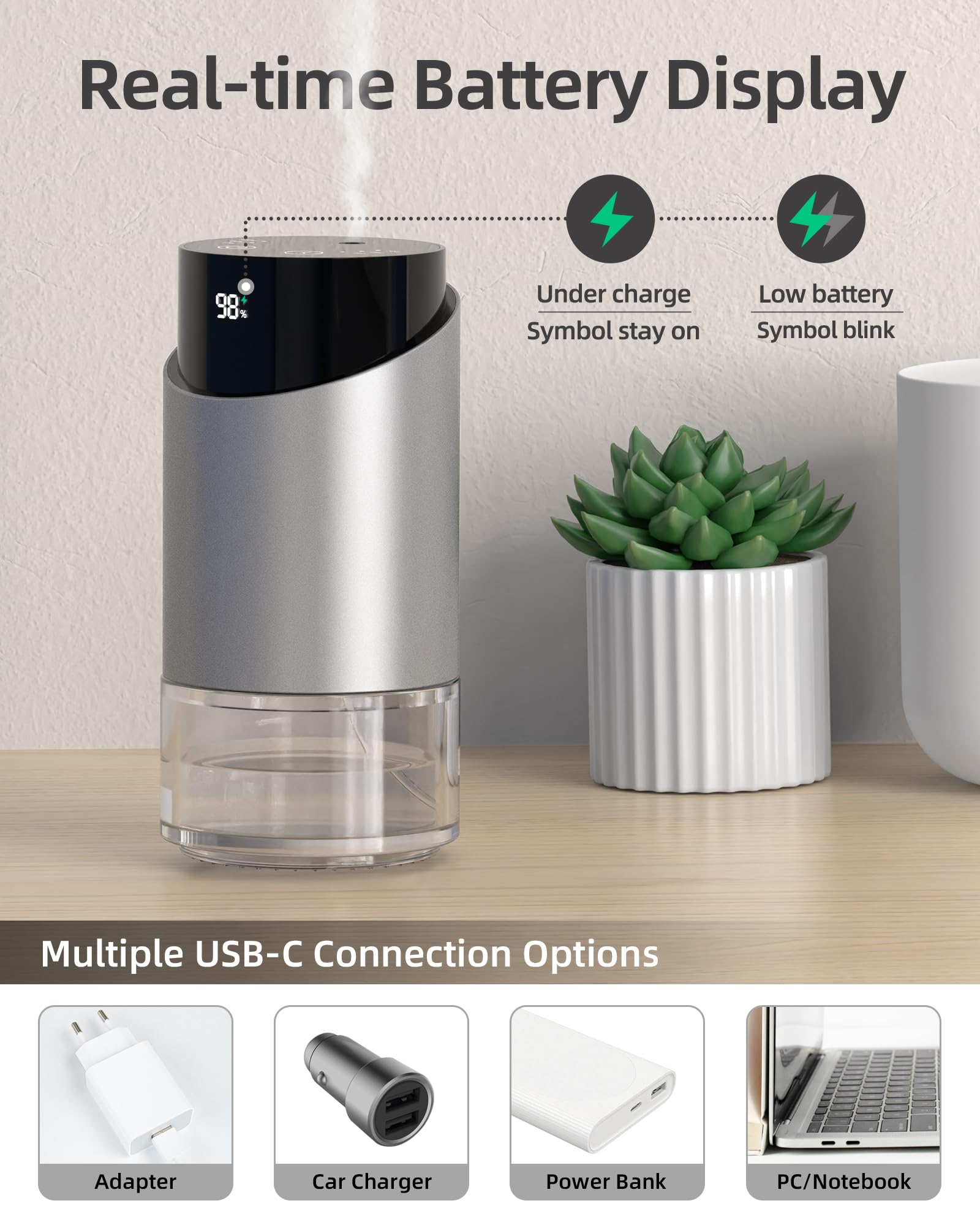 Diffusore di oli essenziali, Diffusore profumo auto per casa grande spazio, auto, ufficio, casa, mini diffusore di aroma batteria, 4 timer e 3 livelli di nebbia, capacità 100ml (Argento)