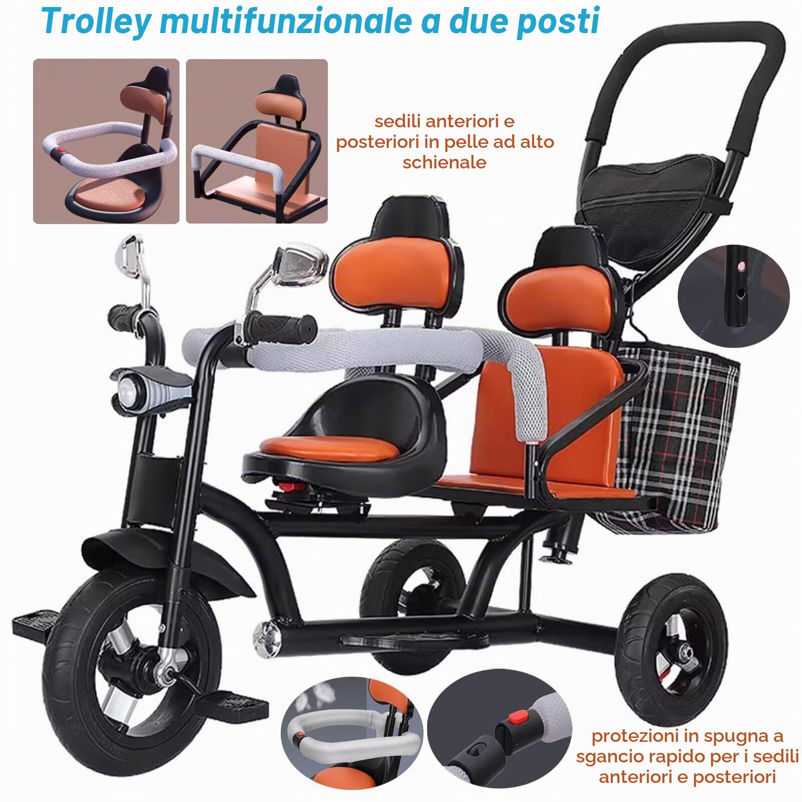Triciclo pieghevole con pedali, Triciclo tandem con modalità spinta e pedale multicolore