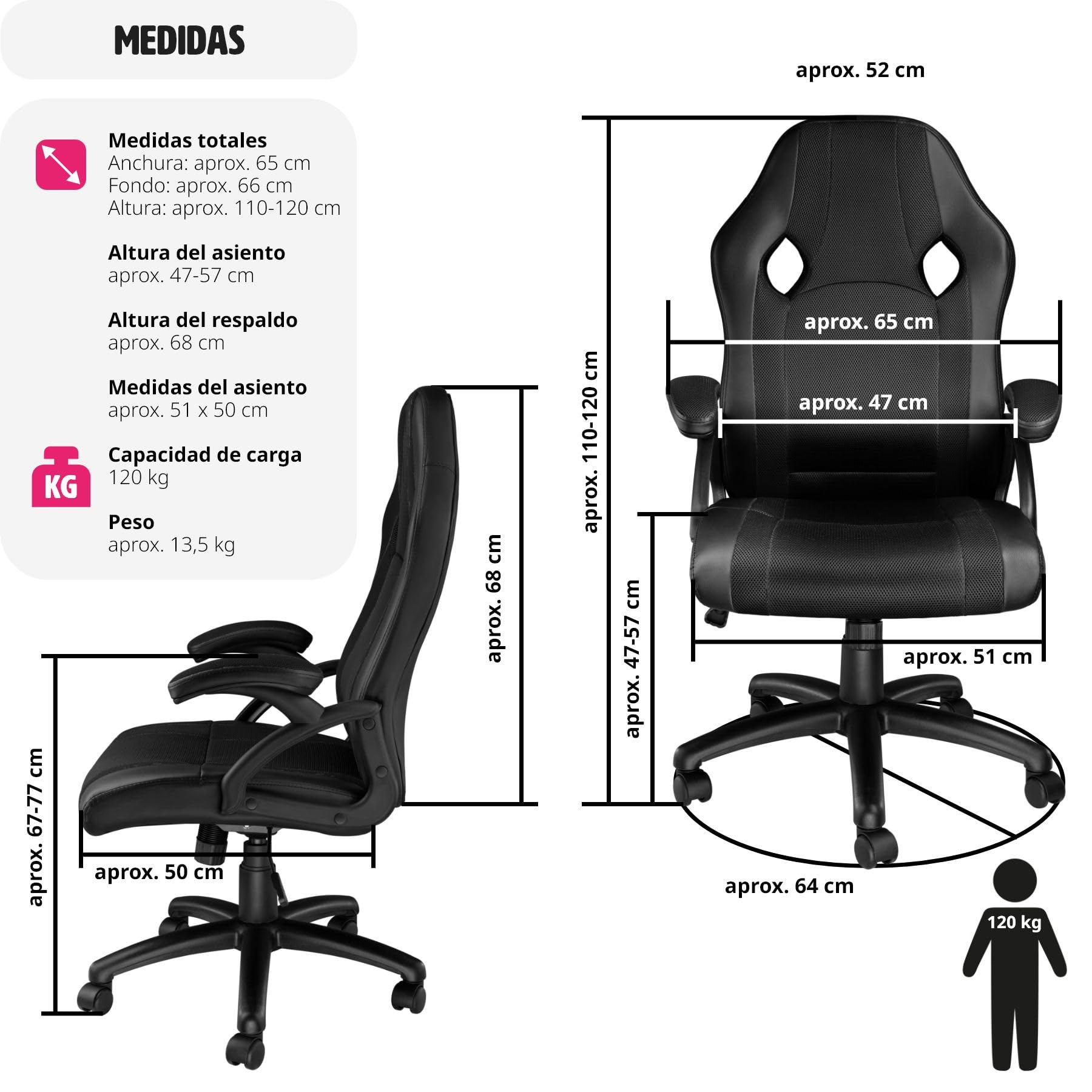 tectake® Silla Ergonómica Gaming, Silla de Estudio con Reposabrazos Ajustables, Mecanismo Basculante, Amortiguador de Gas, Giro de 360°, Office Chair, Acolchado Grueso, Gaming Setup - Negro/Negro