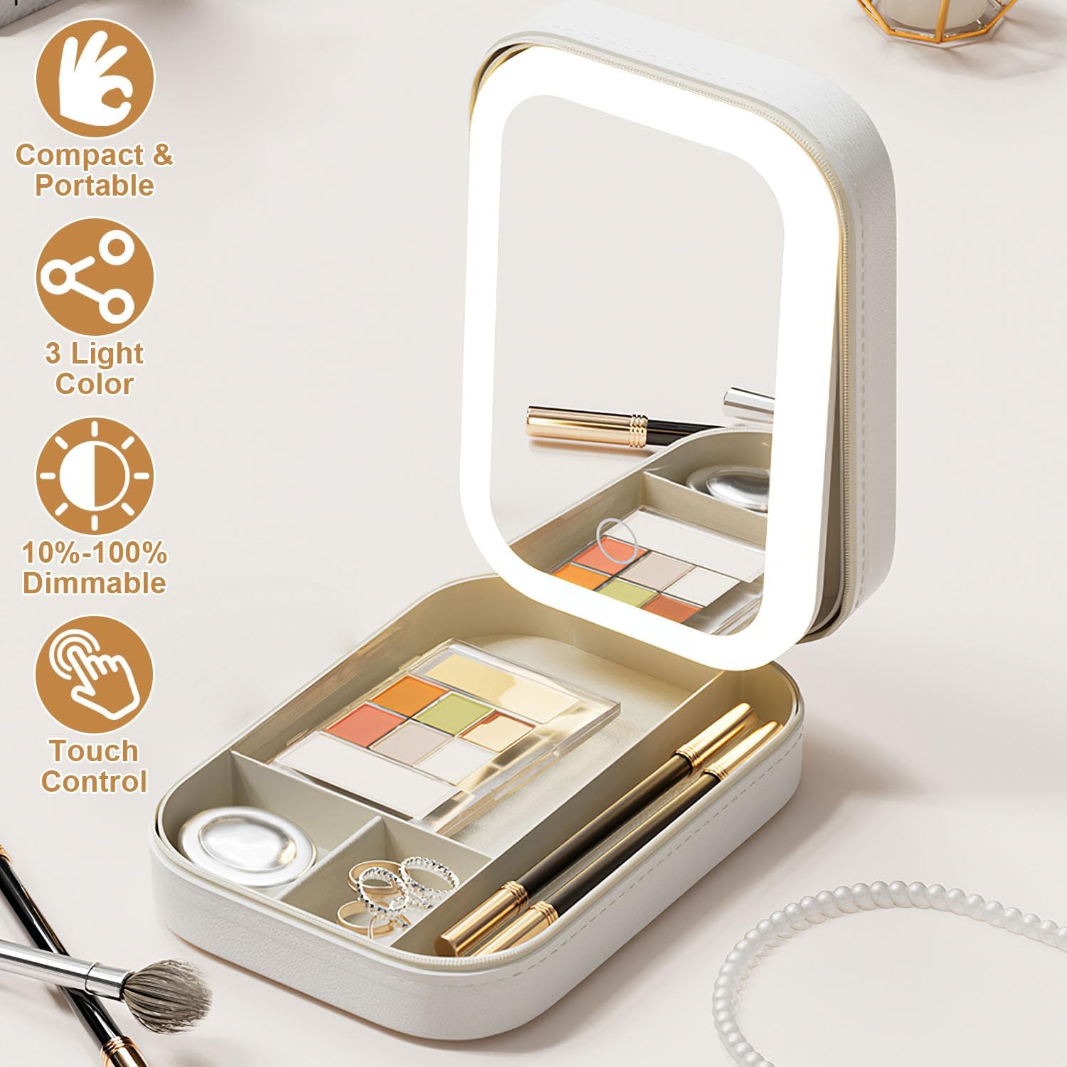 Travel Makeup Mirror with Light,Portable Makeup Bag with LED Mirror,Compact Lighted Beauty Mirror,3 Color Light Settings Cosmetic Case,Jewelry Organizer and Multi-Compartment Storage Box for Women