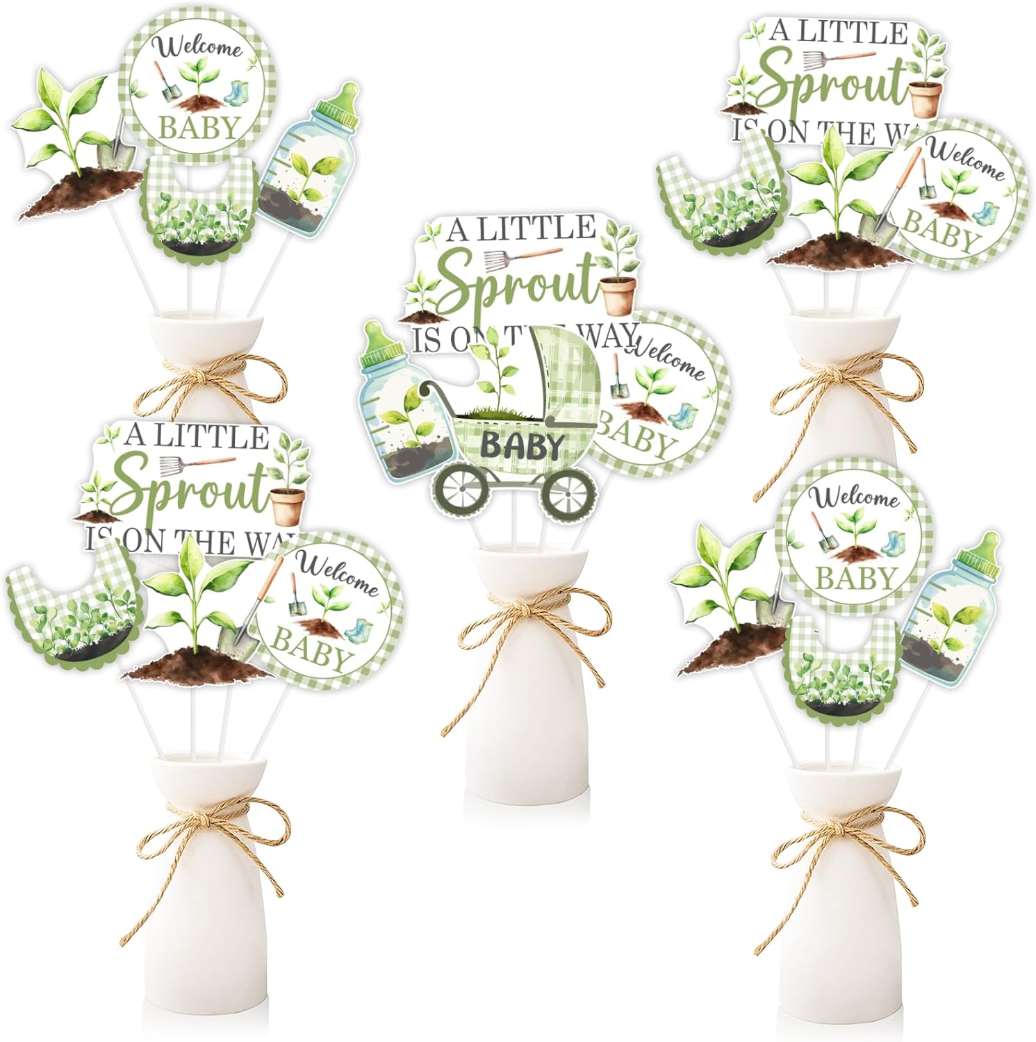 Little Sprout Baby Shower Decorations 24pcs A Little Sprout Is On The Way Centerpieces Sticks Spring Garden Table Toppers Greenery Gender Reveal Decor Leaves Nature Farm Welcome Baby Party Supplies