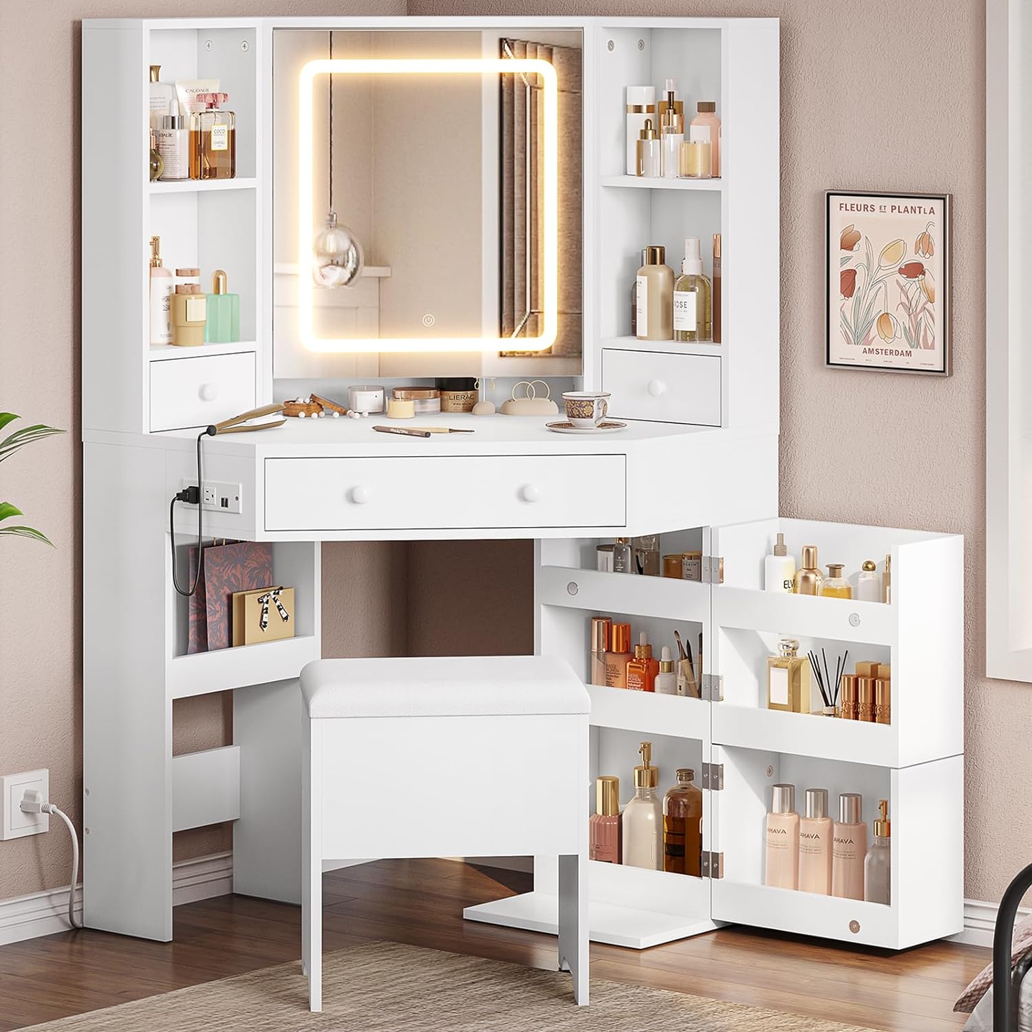 BTHFST Corner Vanity Desk with Lights and Charging Station, Makeup Vanity with
