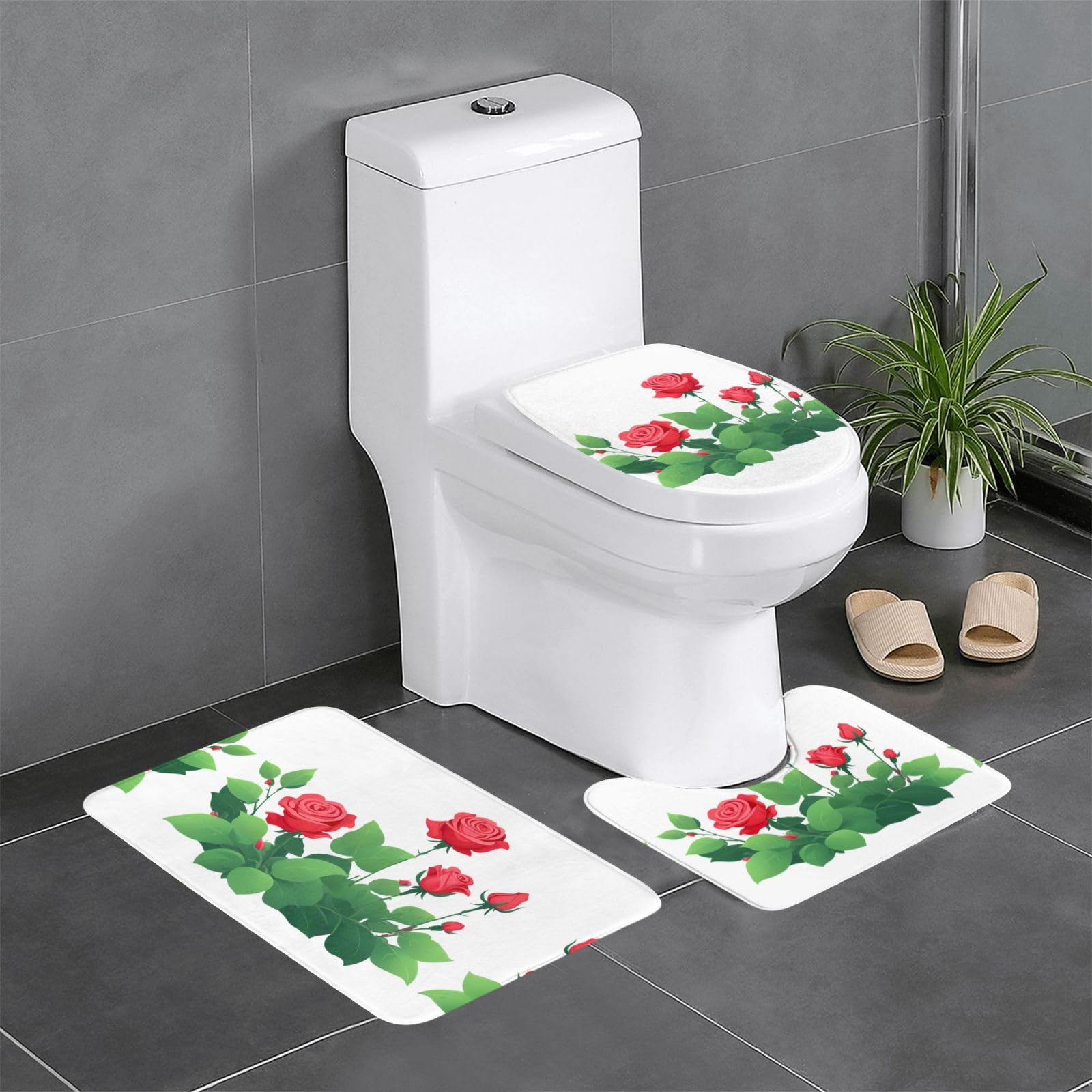 Tapis de salle de bain antidérapants lot de 3 motif jardin rose avec contour WC
