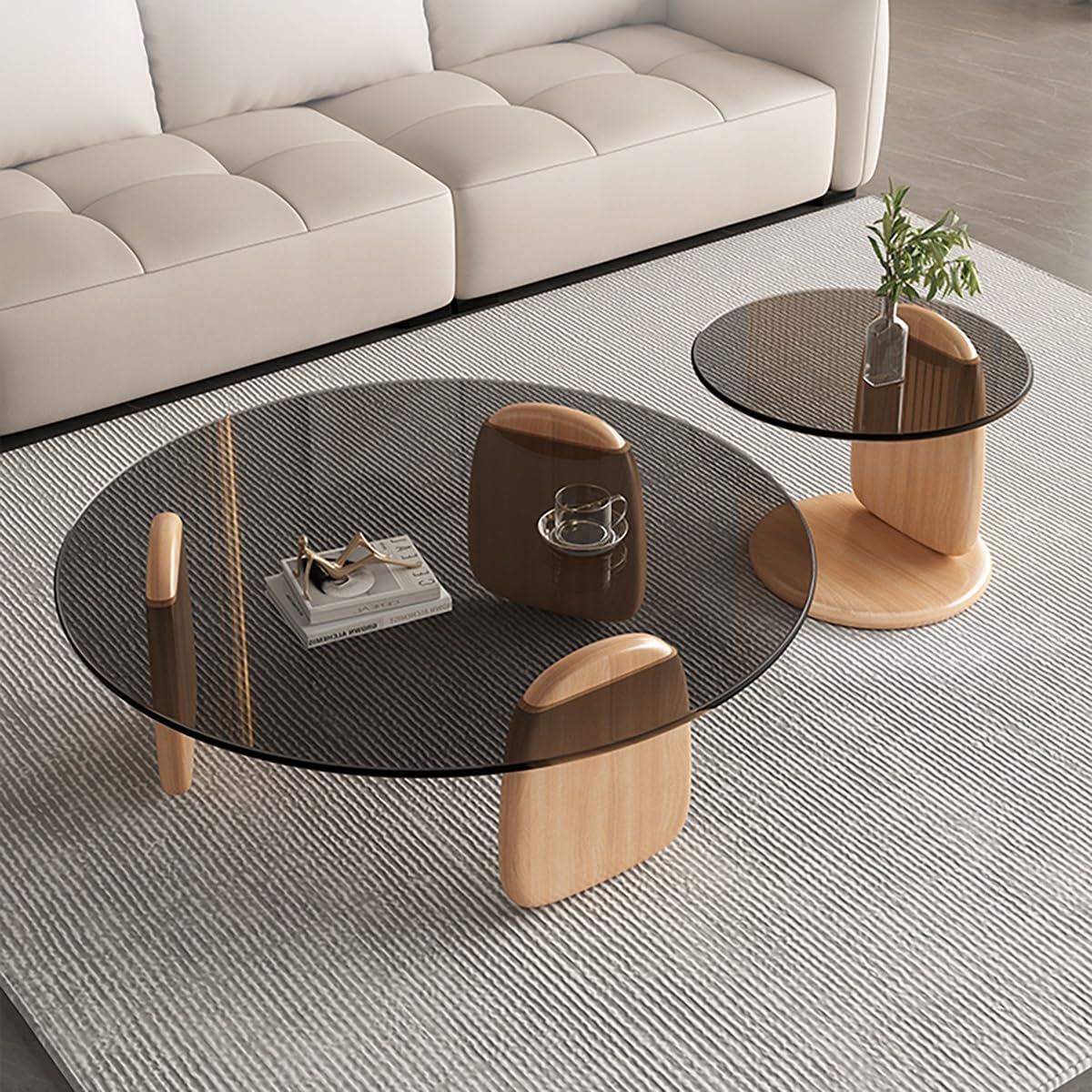 Mesa de Centro Redonda Cristal, Mesa Nido Juego de 2, Patas de Madera Maciza, Vidrio Templado para Salón Dormitorio Oficina-Fácil Montaje(Brown-B,80+50cm/31+20in)