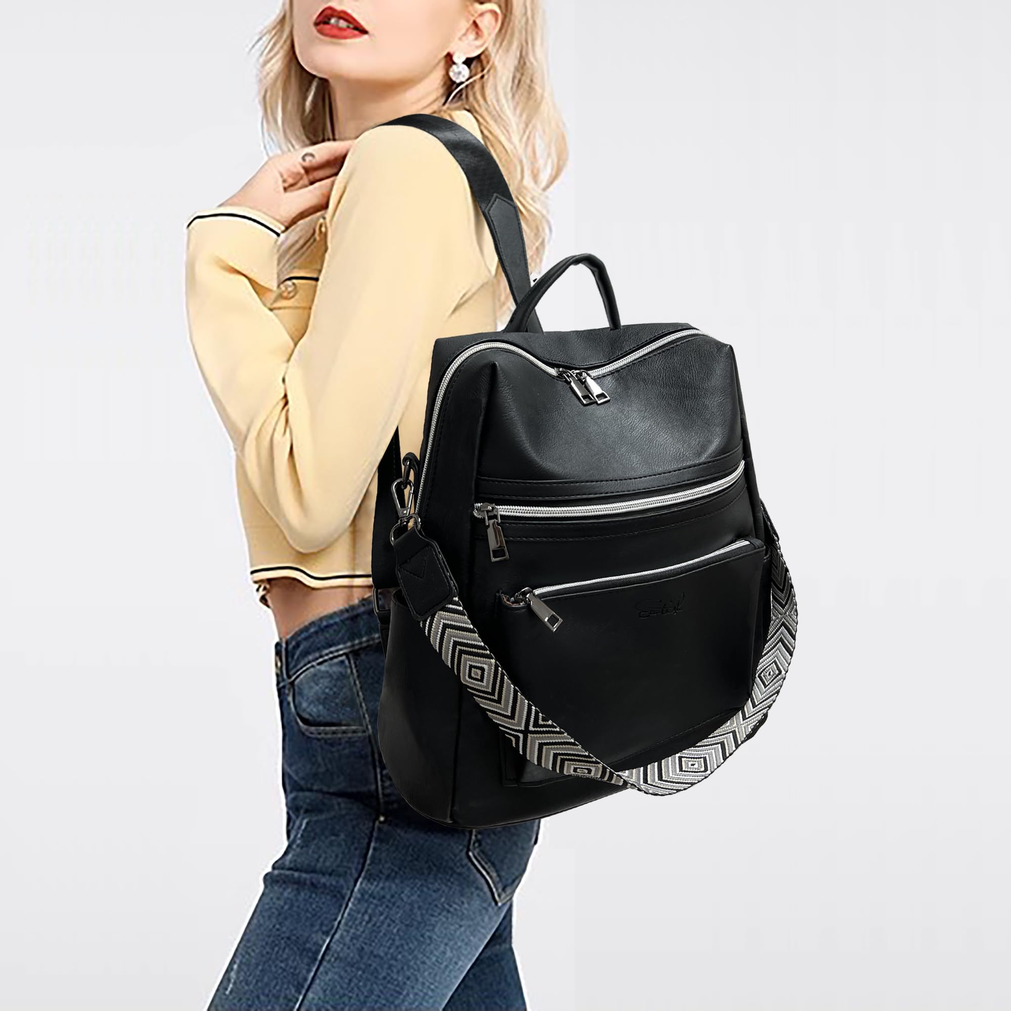 Sac à Dos Femme,PU Cuir Sac a Dos Loisir avec Multipoches,Imperméable Antivol Voyage Décontracté de Sac à Dos pour Travail, Scolaire Collège, Affaires
