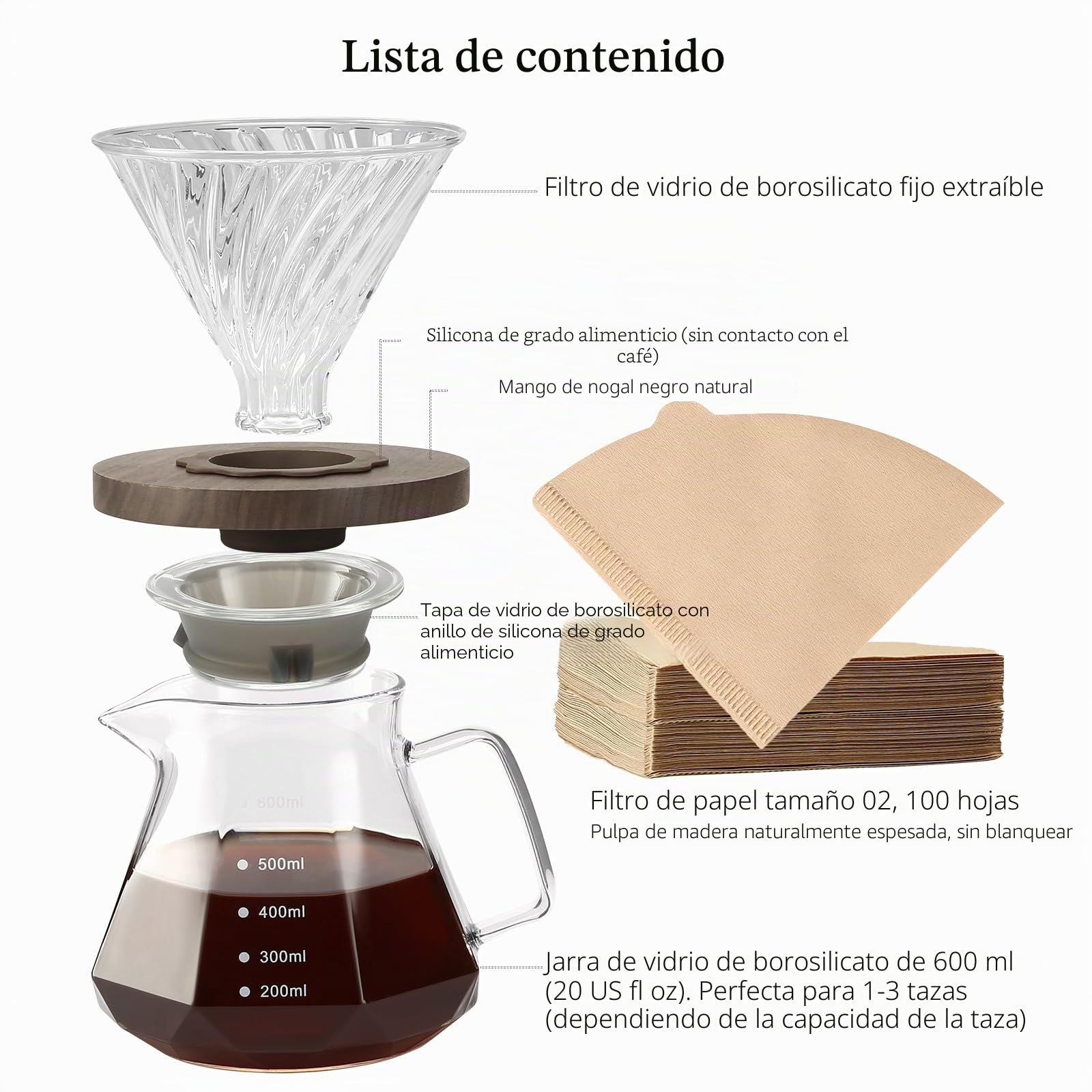 Lalord Cafetera de Goteo de Borosilicato de 20 onzas con Filtro de Papel V02, 100 hojas, Mango de Nogal y Tapa de Cafetera, 600 ml