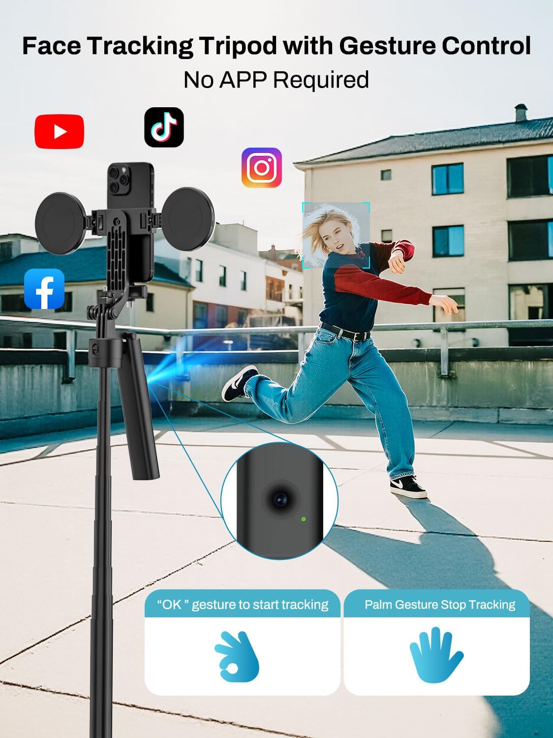 USKEYVISION Vlogging Kit for iPhone&Android, YouTube Starter Kit,Auto Face Tracking Tripod for iPhone w/Light,Phone Tripod for Video Recording,Wireless Lavalier Microphone,Ground Spike,Remote Control