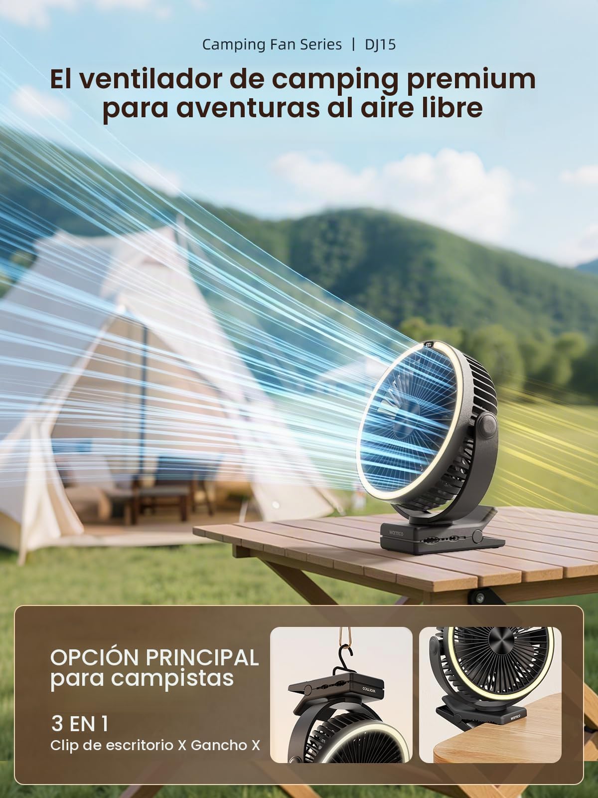 Warmco Ventilador portátil de clip de 15000 mAh recargable, ventilador de escritorio alimentado por batería de 20 cm, linterna LED y gancho, rotación de 360° y 4 velocidades, fuerte flujo de aire para