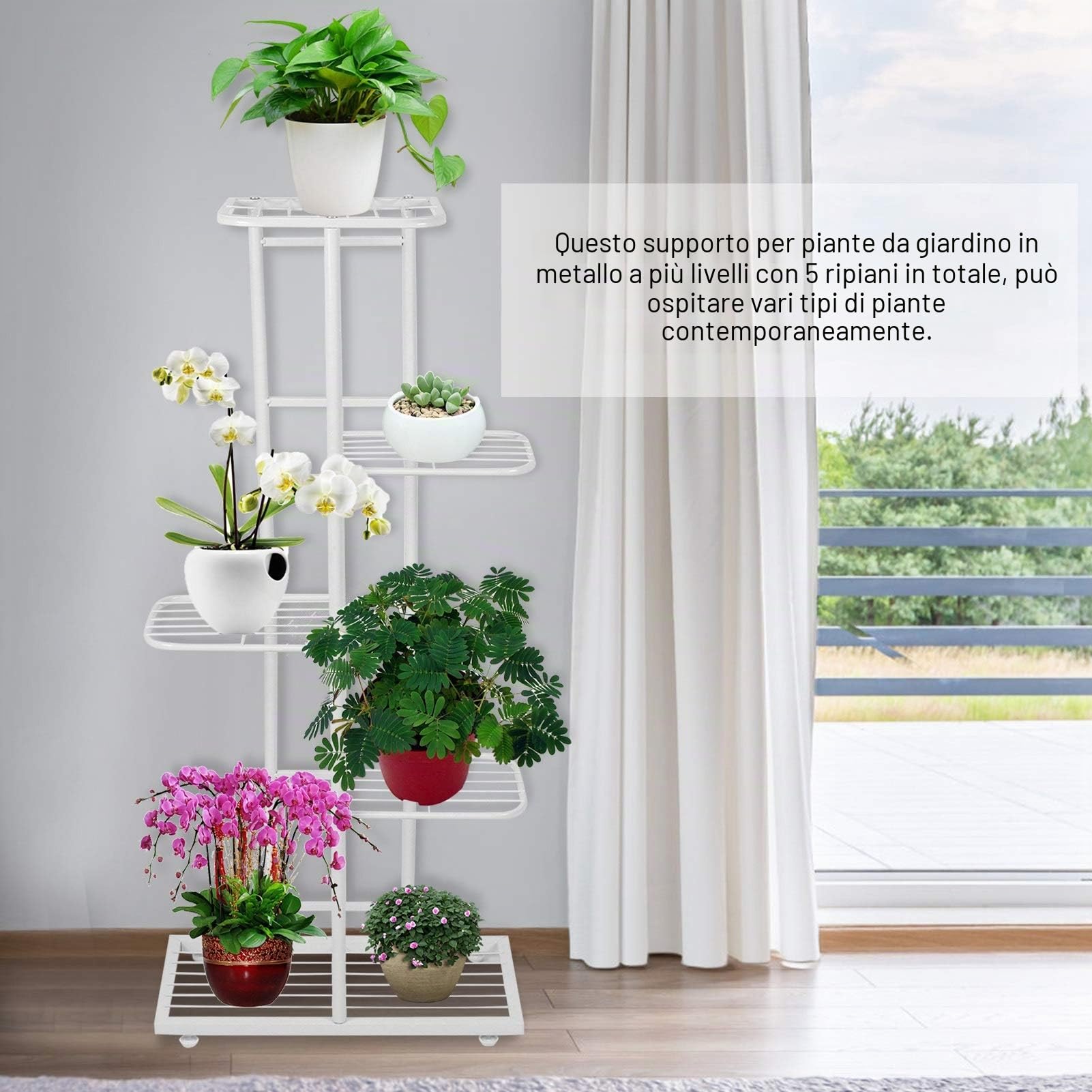 Wakects Scaffali Porta Piante Ripiano per Fiori, Scaffale Espositore per Fioriera Alto e Basso per Giardino Patio, Balcone, Soggiorno, Interno ed Esterno (5 Livelli 6 vasi)(Bianco)