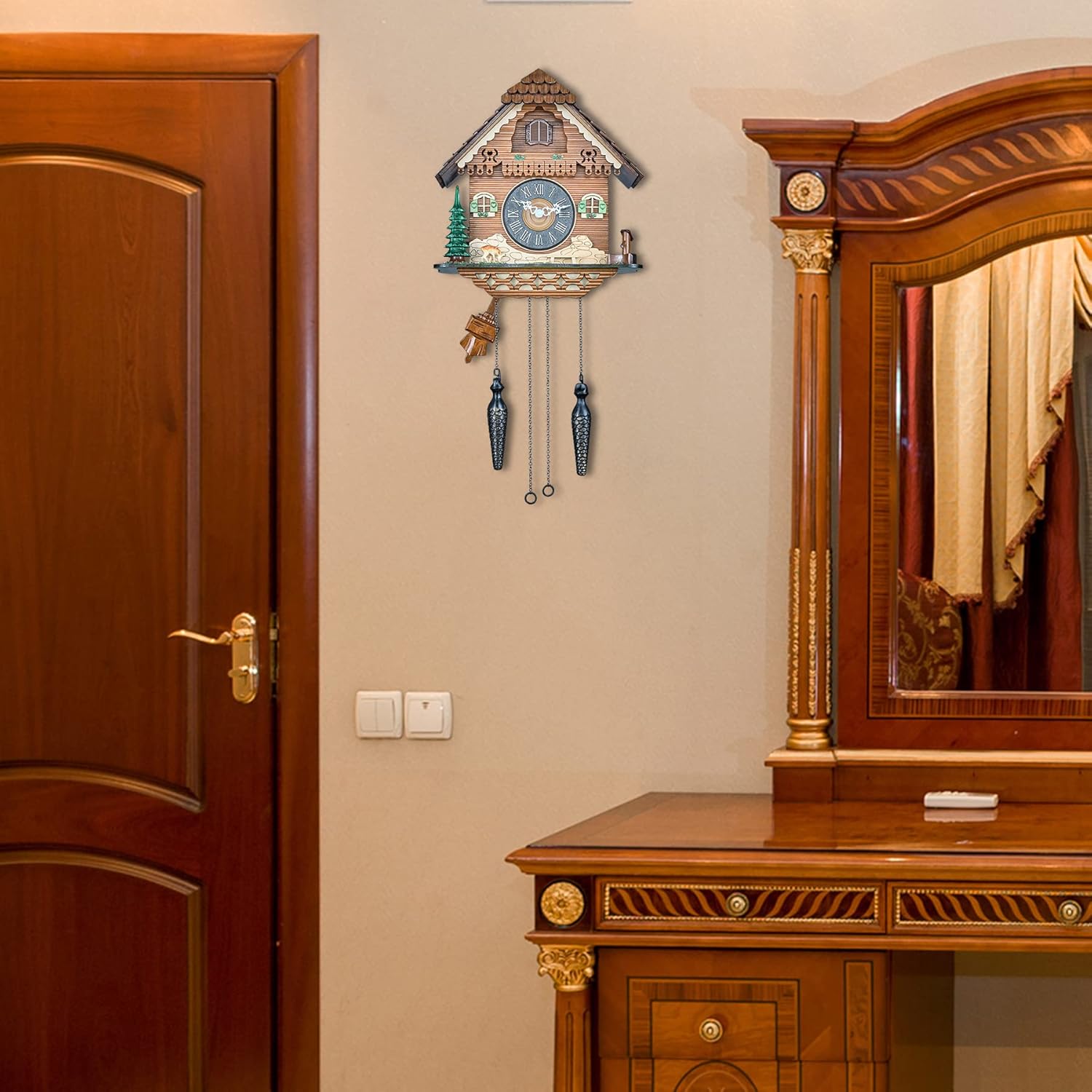 TIMEGEAR Cuckoo Wall Clock with Night Mode, Quartz Movement and Swinging Pendulum (The Farm)