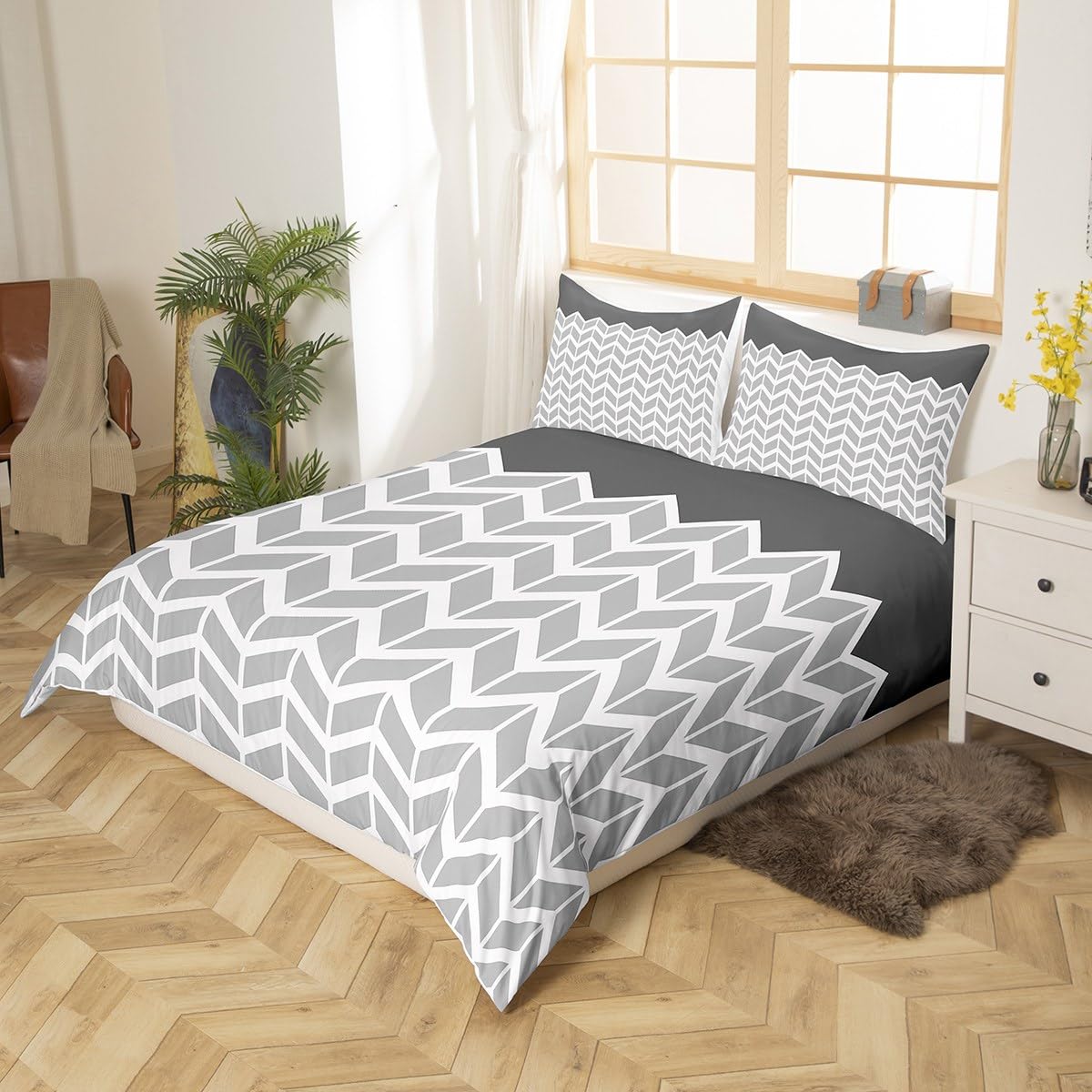 Ciemnoszary biały dwustronny zestaw pościeli 3D geometryczna poszewka na kołdrę dla dzieci chłopców dziewcząt nowoczesna kolorowa sztuka poszewka na kołdrę modna stylowa luksusowa pościel i len 3 szt. King Size