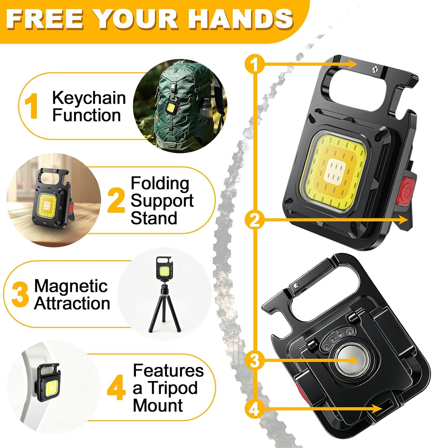 MAKDAK COB Keychain Work Light - 2PC Keychain Flashlights Rechargable Keychain Flashlight 7 Modes Hi-Lumin Super Bright With Folding Bracket Bottle Opener,Magnet Base For Camping,Dog walking,Emergency