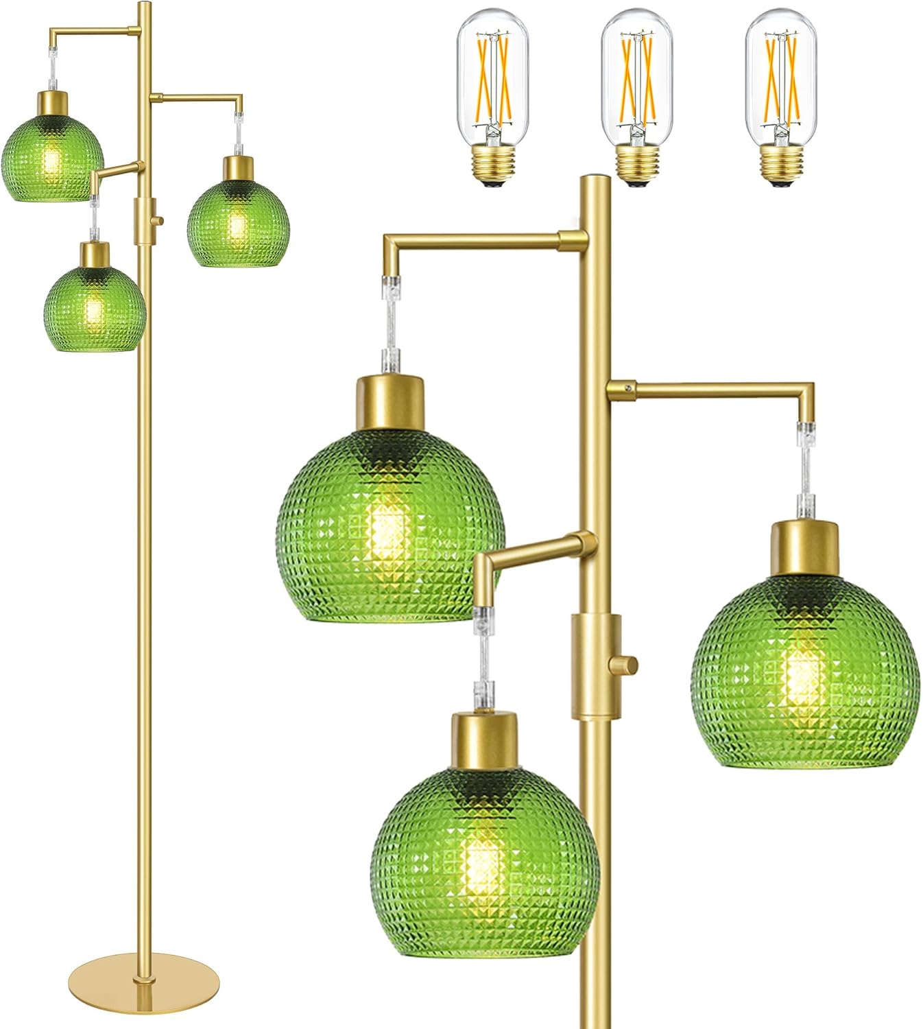 Modern Floor Lamp with Shade, Dimmable Standing Lamp for Living Room, 3 Lights Tree Lamp with Green Glass Shade, Tall Lamps for Bedroom with 3 x 600LM Bulb