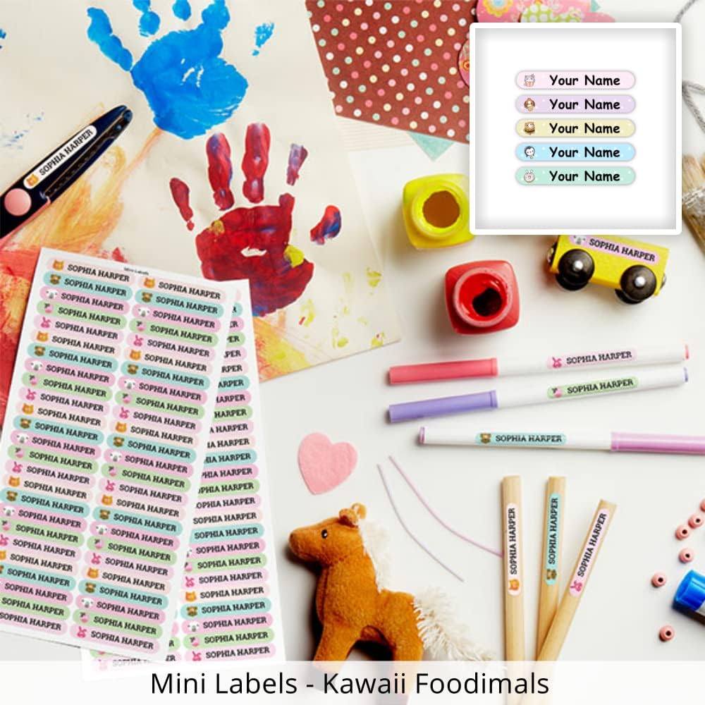 Oliver's Labels Camp Package, 151 Durable Personalized Name Labels & Tags (Kawaii Foodimals)