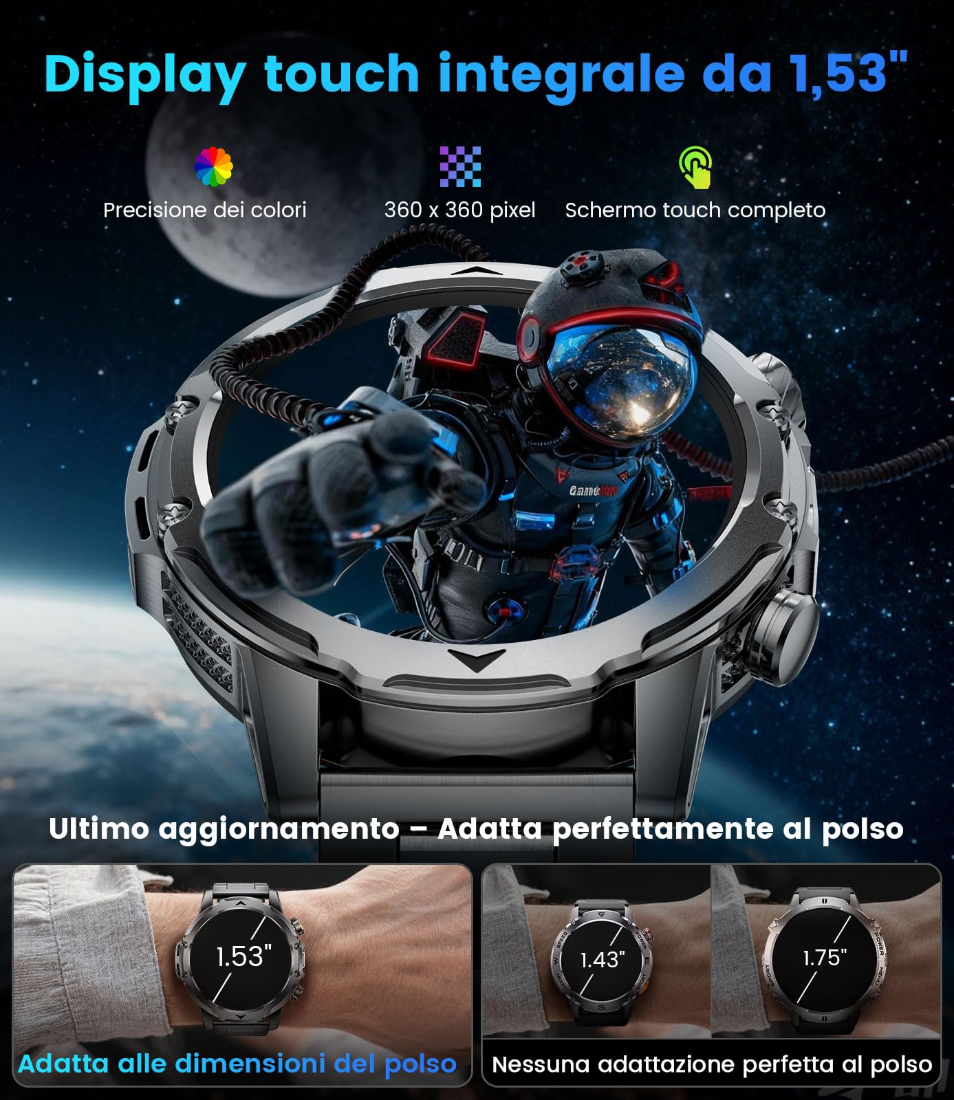 FITFLEX Orologio Smartwatch Uomo con Chiamata Bluetooth, 1.53" HD AMOLED Smartwatch con Batteria 1000 mAh(50+Standby Zeit)/Torcia Elettrica/120+ Sport/Sonno, IP68, Fitness Smart Watch iOS Android