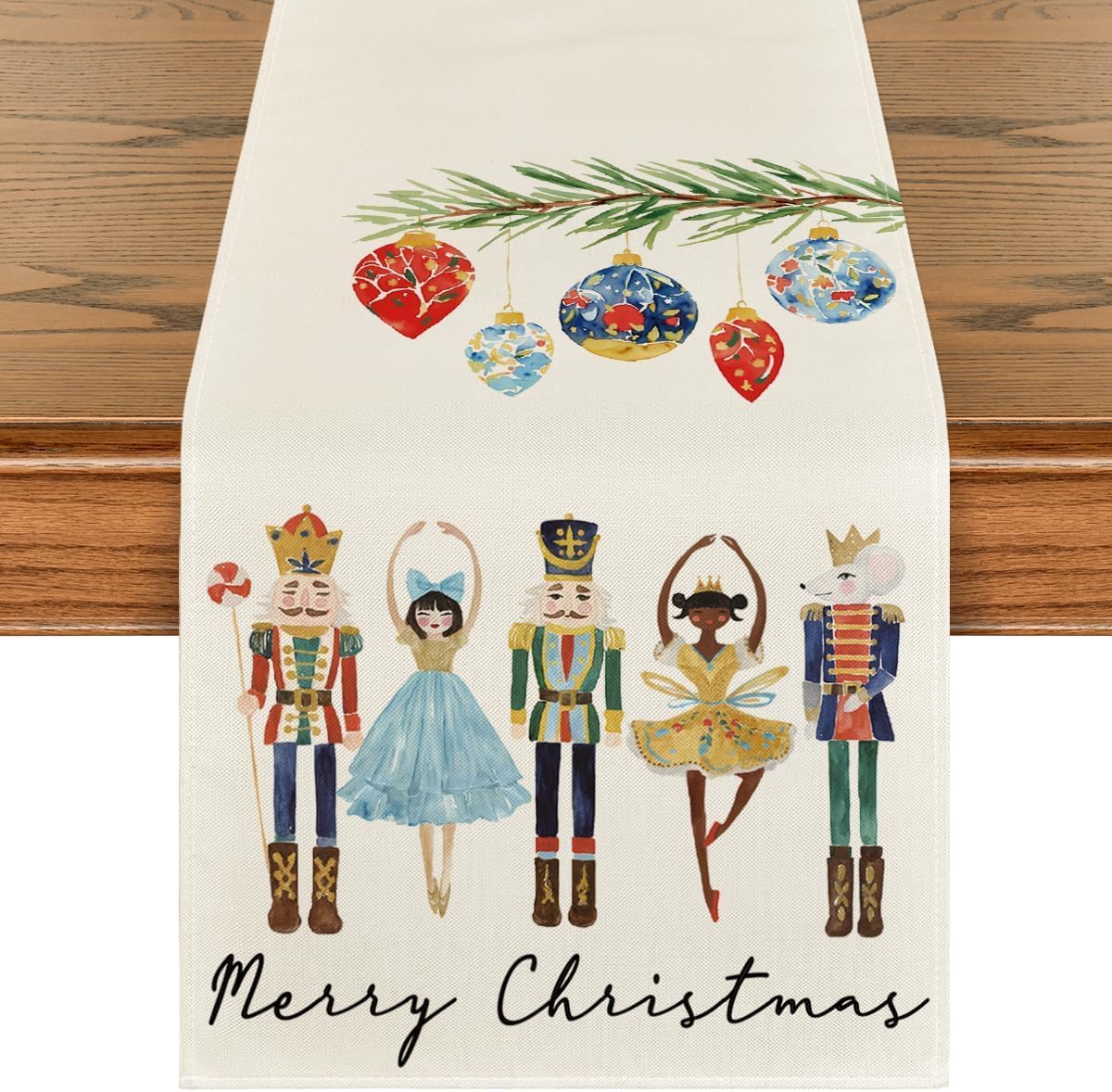 13 x 72 Inch Christmas Table Runner,Watercolor Nutcrackers Xmas Balls Merry Christmas Table Runner, Seasonal Winter Holiday Kitchen Dining Table Decoration for Indoor Outdoor Home Party Decor