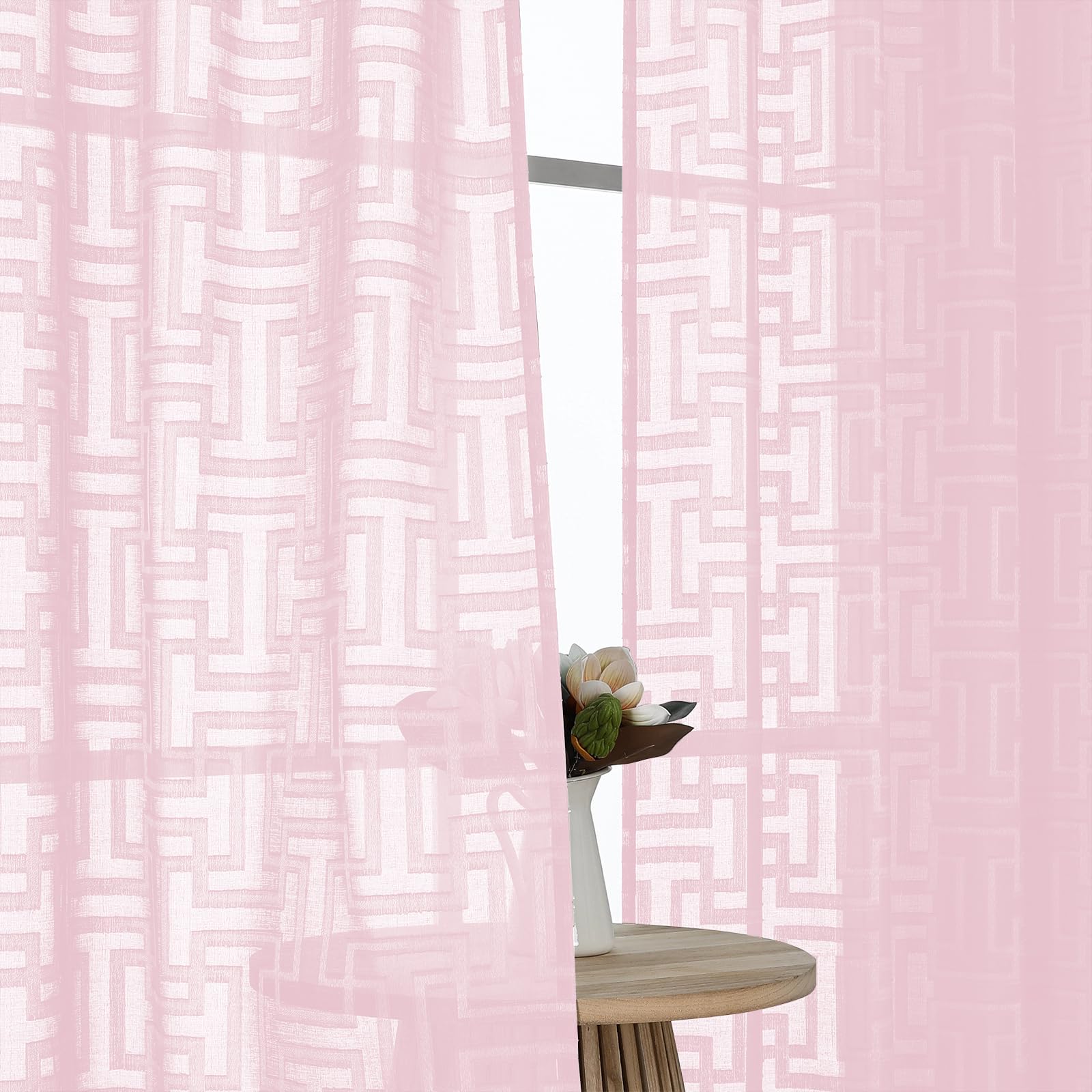 OWENIE Pink Sheer Curtains 96 Inches Long 2 Panels Set for Bedroom, Light Filtering Geometric Jacquard Textured Extra Long Living Room Curtains, Solid Privacy Lightweight Window Curtain, 42x96 Inch