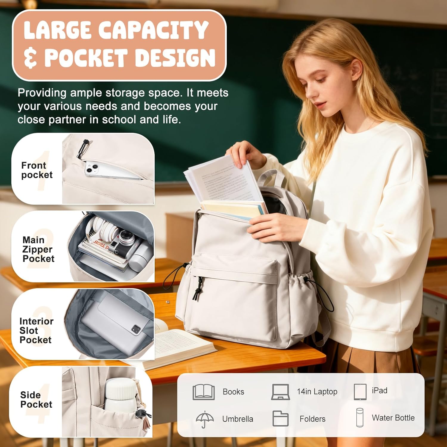 VECAVE School Backpack Beige Waterproof Bookbag Casual Lightweight Travel Rucksack Daypack Backpacks for Men Women College High School Bags backpack for Boys Girls Teens
