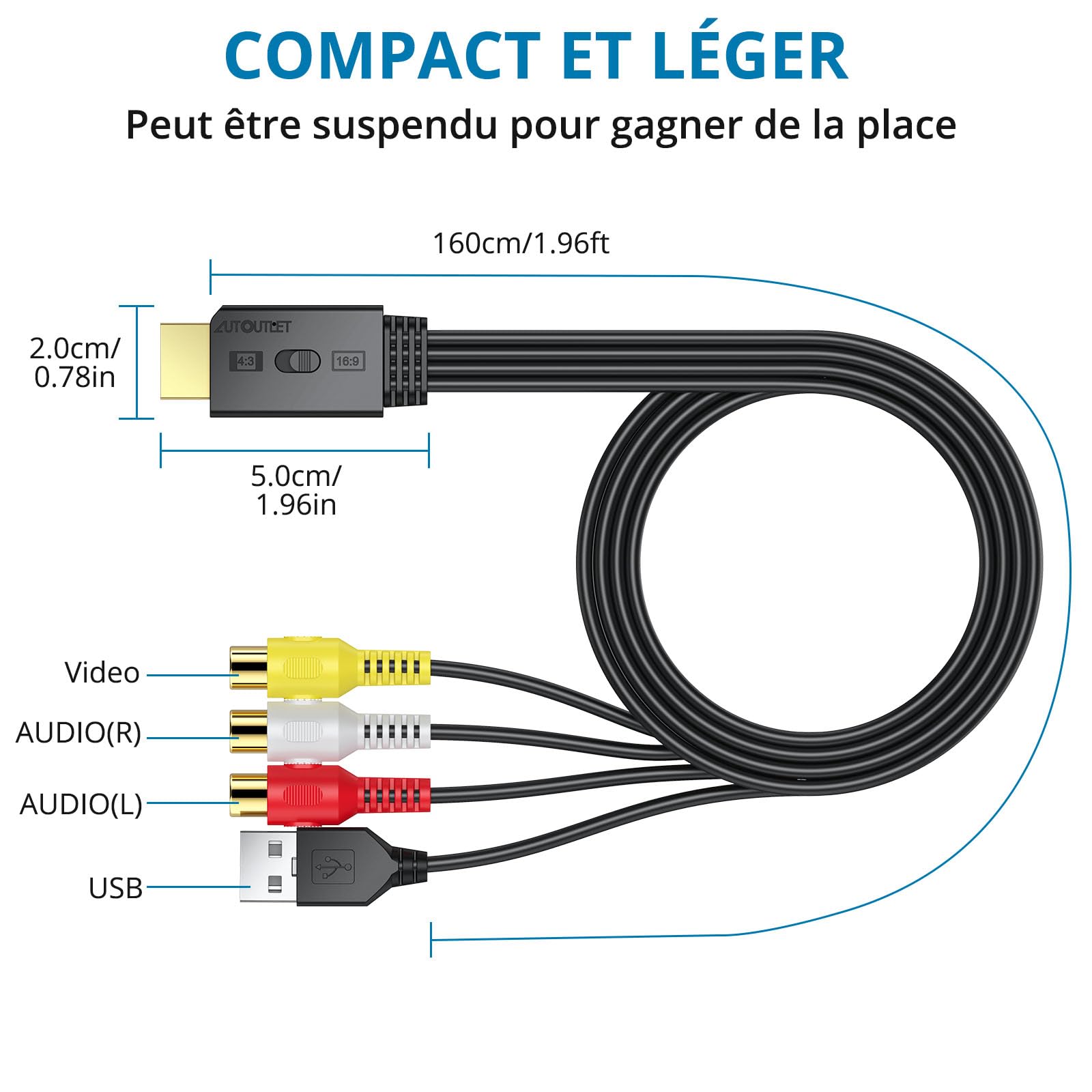 AUTOUTLE Convertisseur RCA vers HDMI 1080P - Adaptateur AV 16:9/4:3, PAL/NTSC avec Câble RCA Femelle 60cm pour Wii, PS1/PS2, Xbox, DVD/VHS/VCR