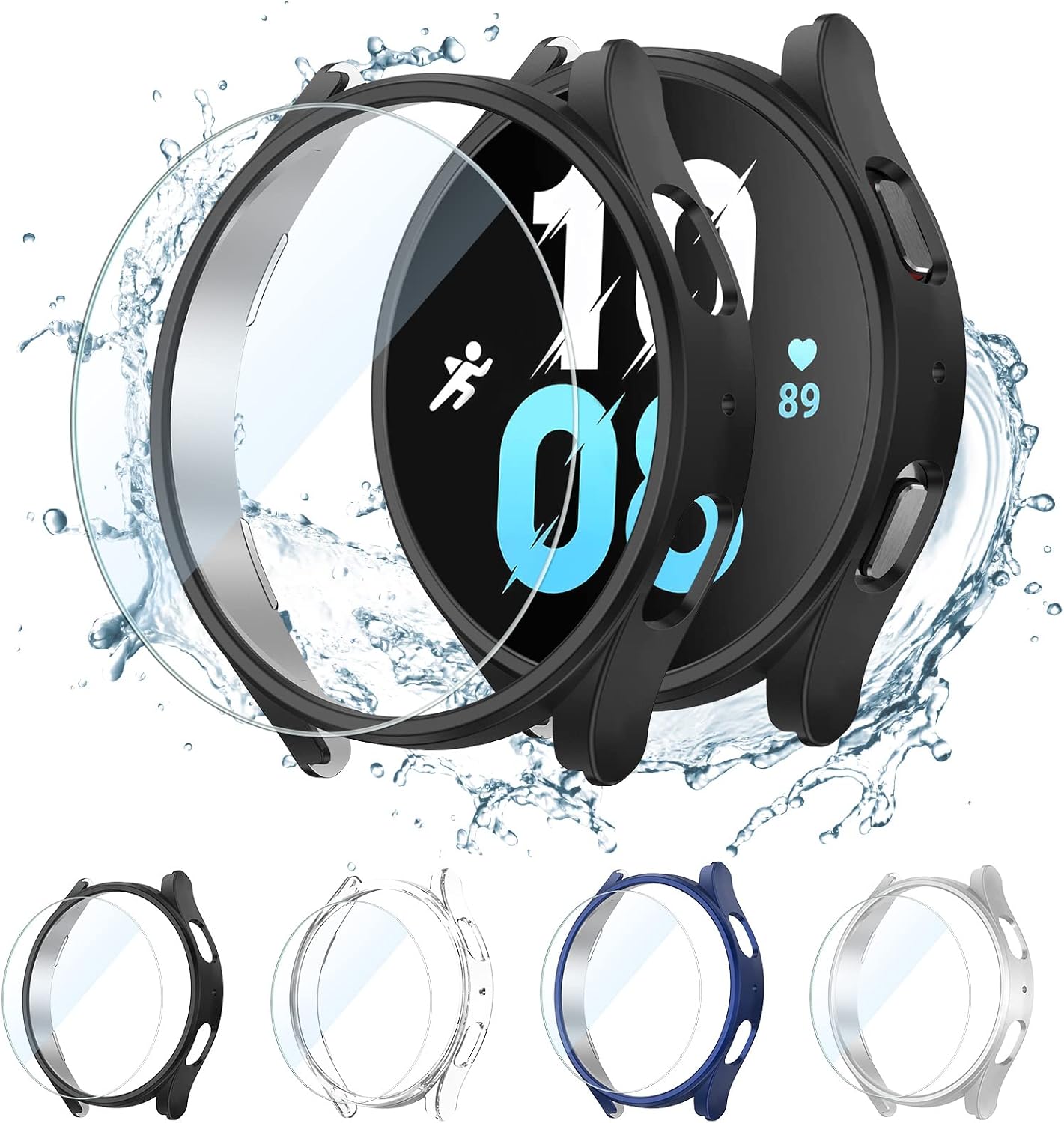 VASG [4+4Pack Waterproof Galaxy Watch 4 / Galaxy Watch 5 Screen Protector and Case 44mm, Tempered Glass Film and Hard PC Bumper Accessories Compatible with Samsung Galaxy Watch 5 44mm Smartwatch