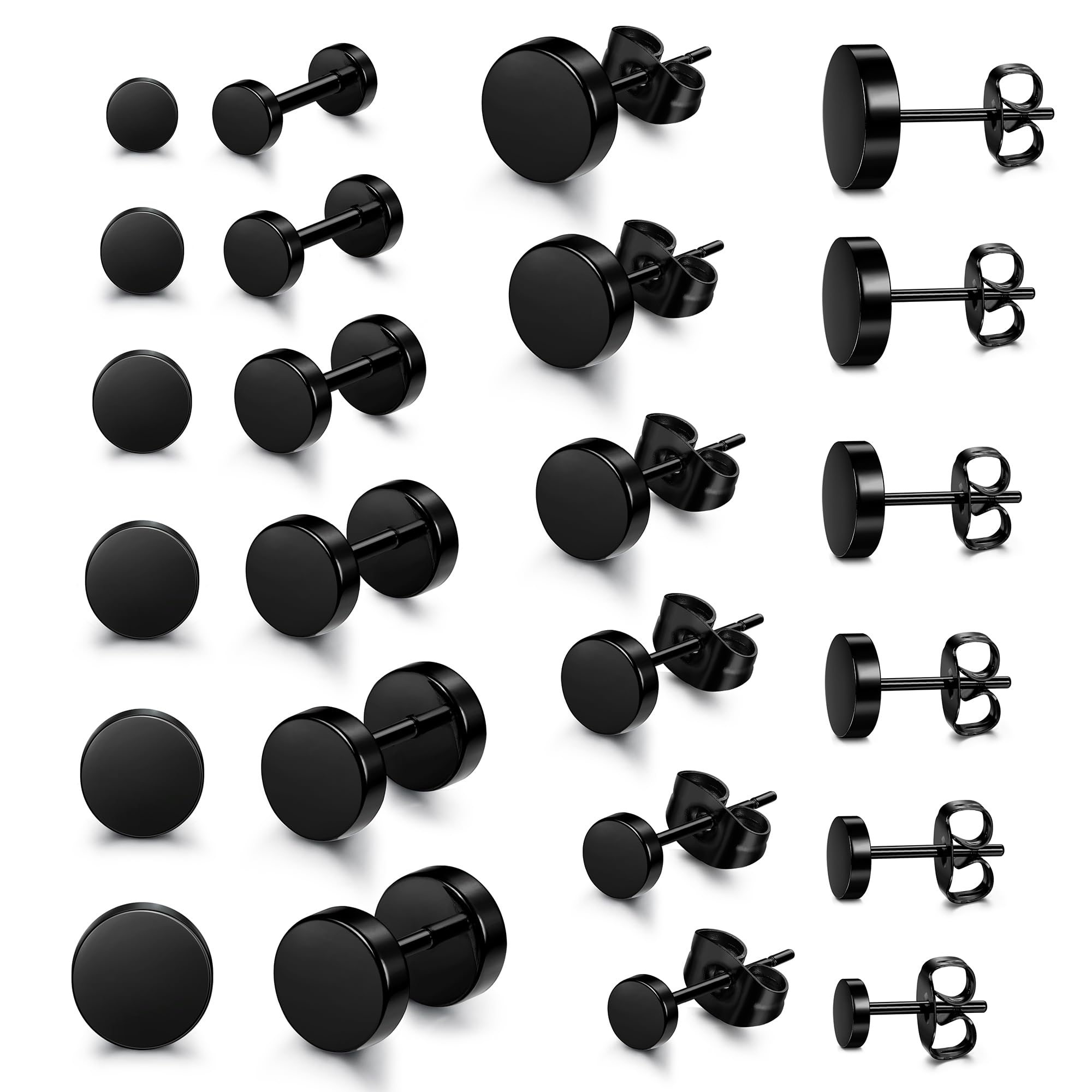 YADOCA 12 Pares Acero Inoxidable Pendientes Para hombres y Mujeres Negro Redondos 3-8mm Set Pendientes