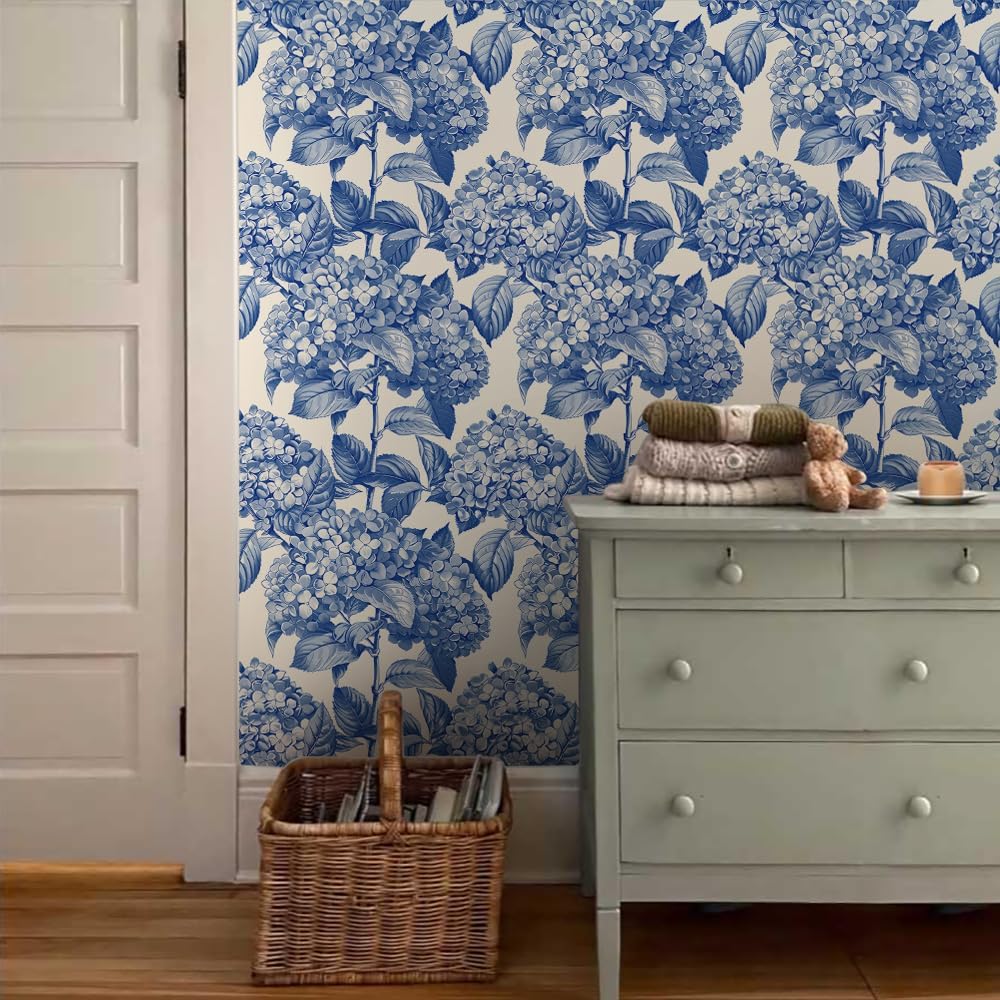 18"x236" White Navy Blue Hydrangea Flower Vintage Peel and Stick Self Adhesive Wallpaper Removable Contact Paper Stick on Easy Peel Off Wall Paper for Kitchen Bedroom Bathroom