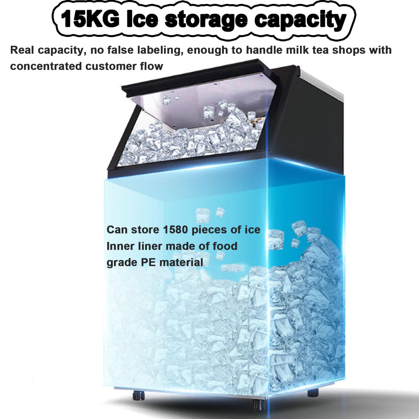 Máquina de hielo comercial, máquina para fabricar hielo industrial, máquina de cubitos de hielo de acero inoxidable independiente con capacidad de almacenamiento de hielo de 15 kg, para bares,55KG/24H