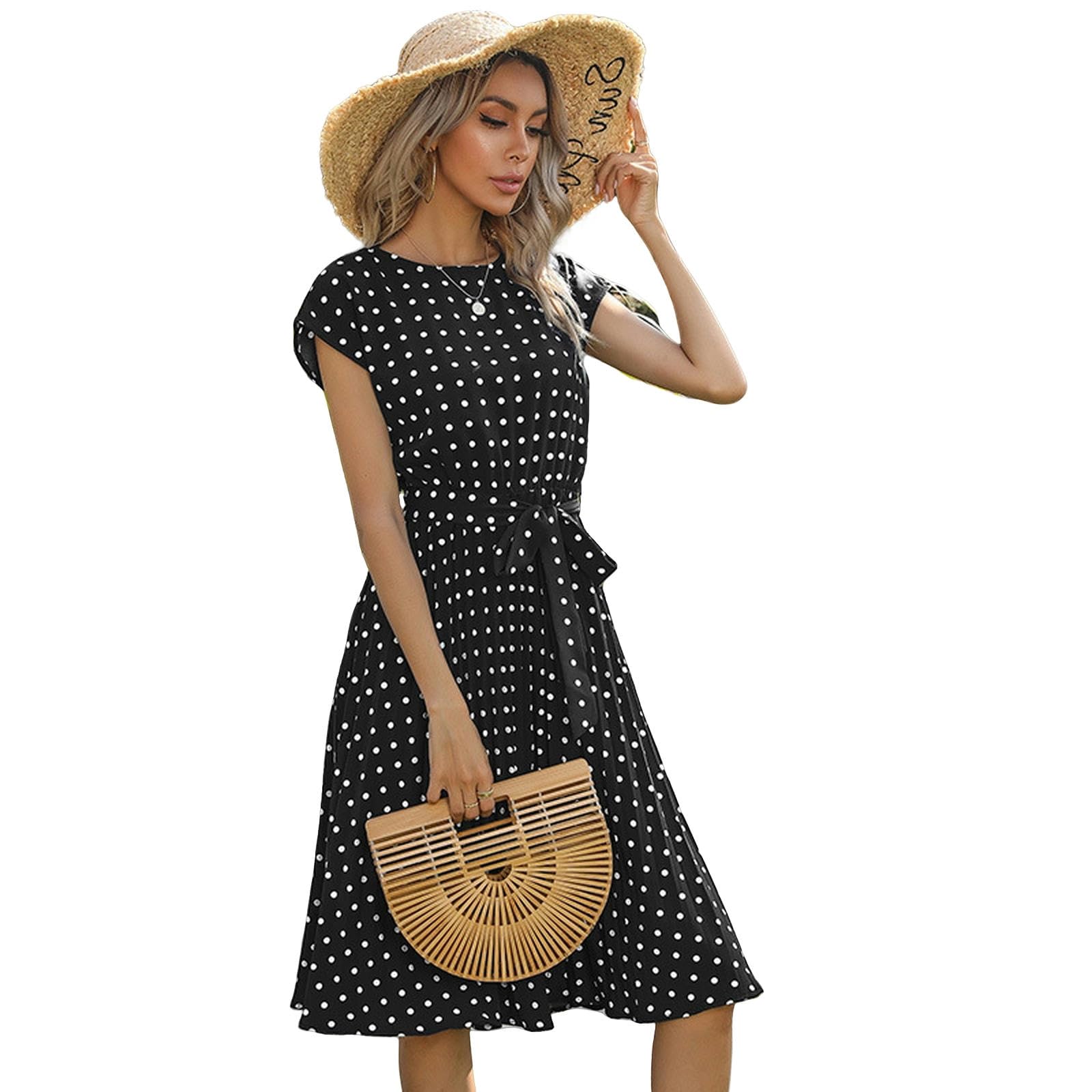 Vestidos de verano para mujer, vestido de lunares de manga corta, plisado, casual, vestido midi con cinturón, YYEFNMAZ