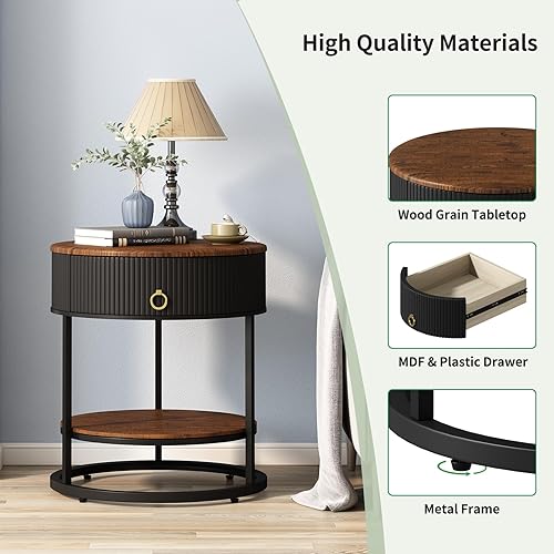 Miniatura 4 de OIOG - Mesa auxiliar redonda con cajón, mesa auxiliar moderna de madera con estante, mesa de noche de 2 niveles con cajón para sala de estar,